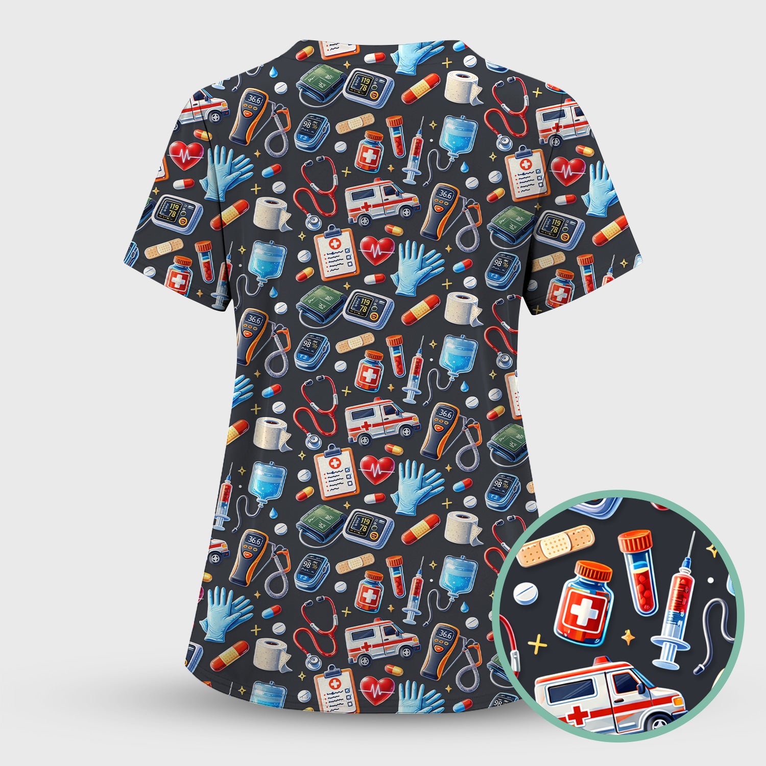 Medical Tools Pattern Ambulance Stethoscope Scrub Top, Comfortable Scrubs for Nurses