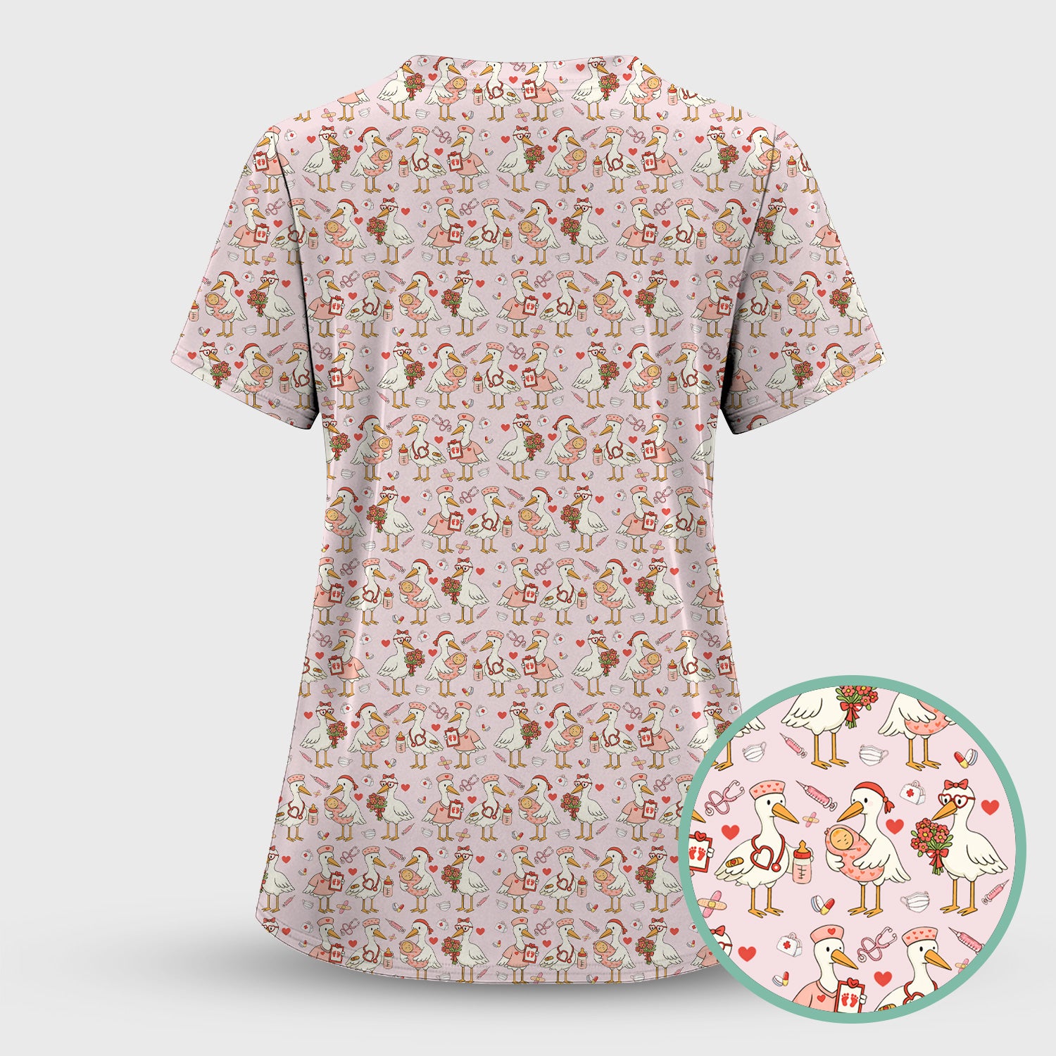 Cute Goose Nurse Valentine Print Scrub Set, Breathable Med Uniform