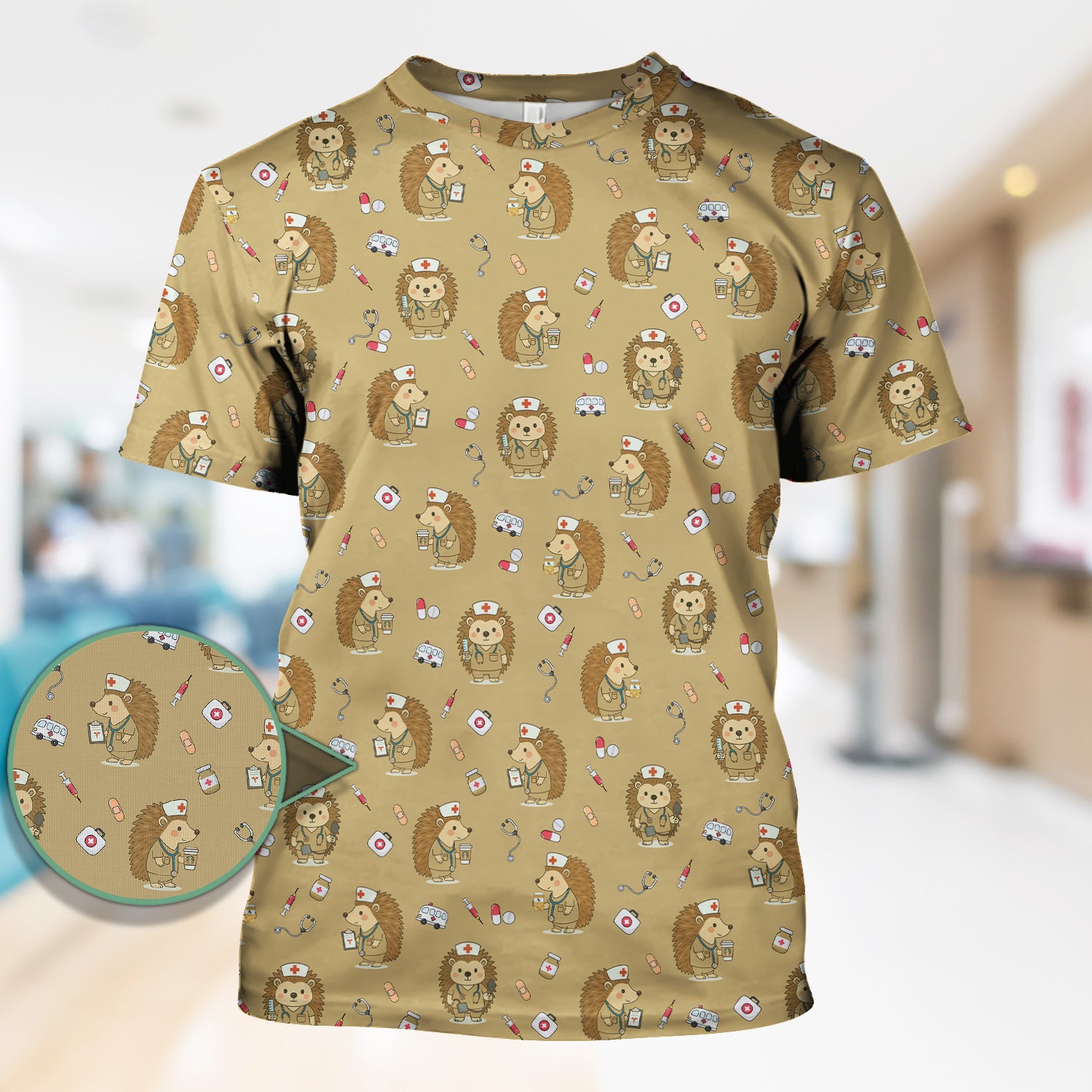 Cute Hedgehog Nurse Scrub Top - Funny Animal & Medical Design - Gift for Women RN LPN Pediatric Nurses