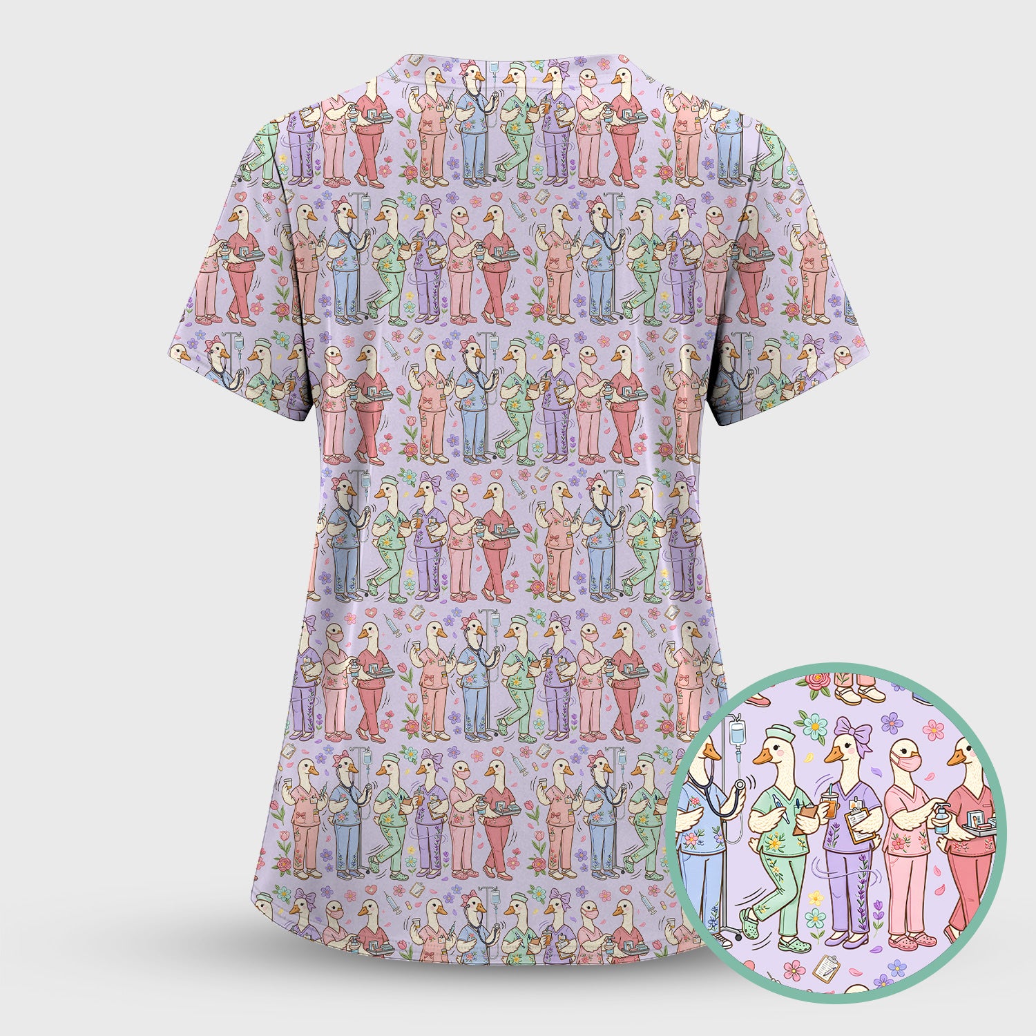 Goose Characters Floral Medical Team Uniform Pattern Scrub Top, Breathable Fabrics Nursing Uniform