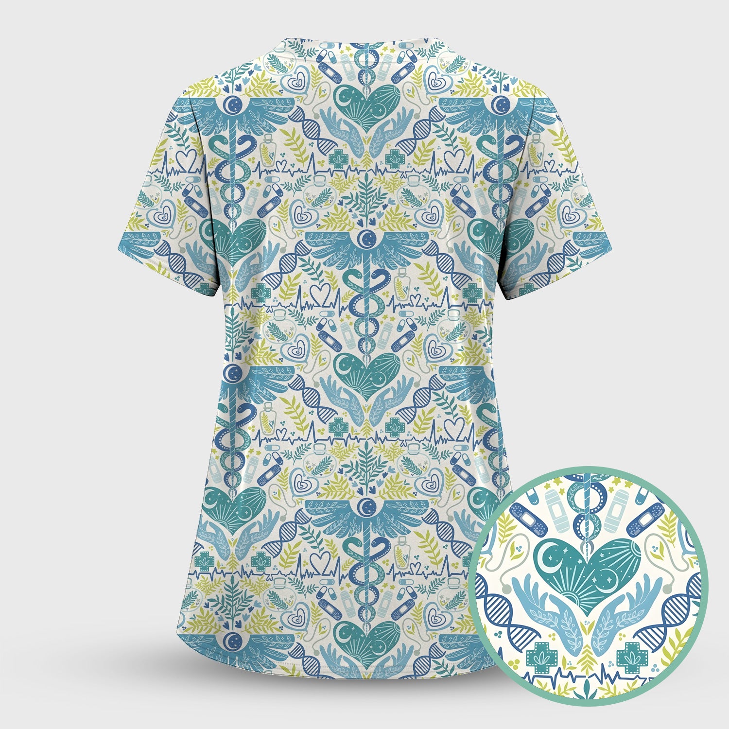 Inspirational Botanical Medical Caduceus Heart Nurse Pattern Scrub Set, Breathable Med Uniform