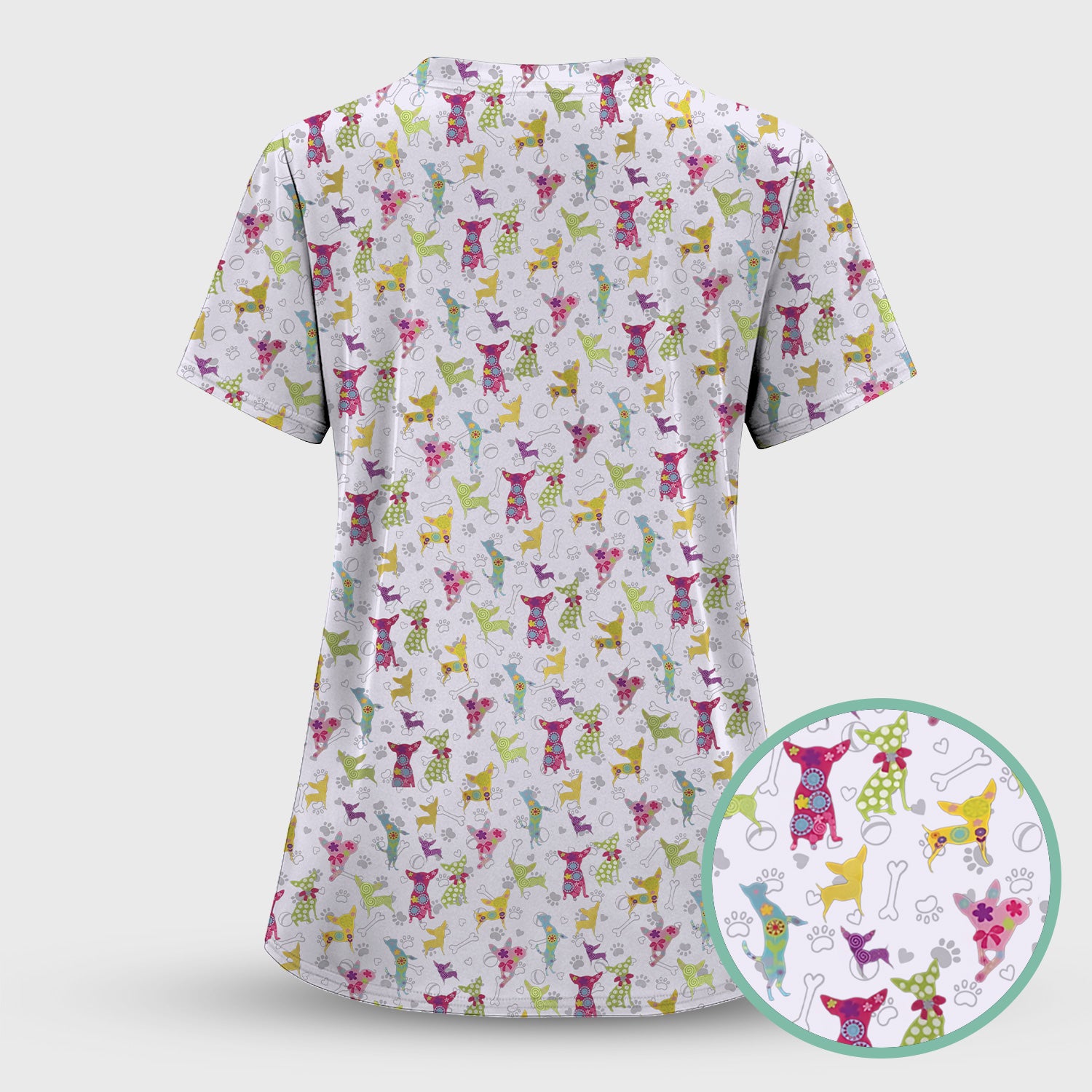 Colorful Playful Dog Print Nurse Scrub Top, Comfortable Scrubs for Nurses