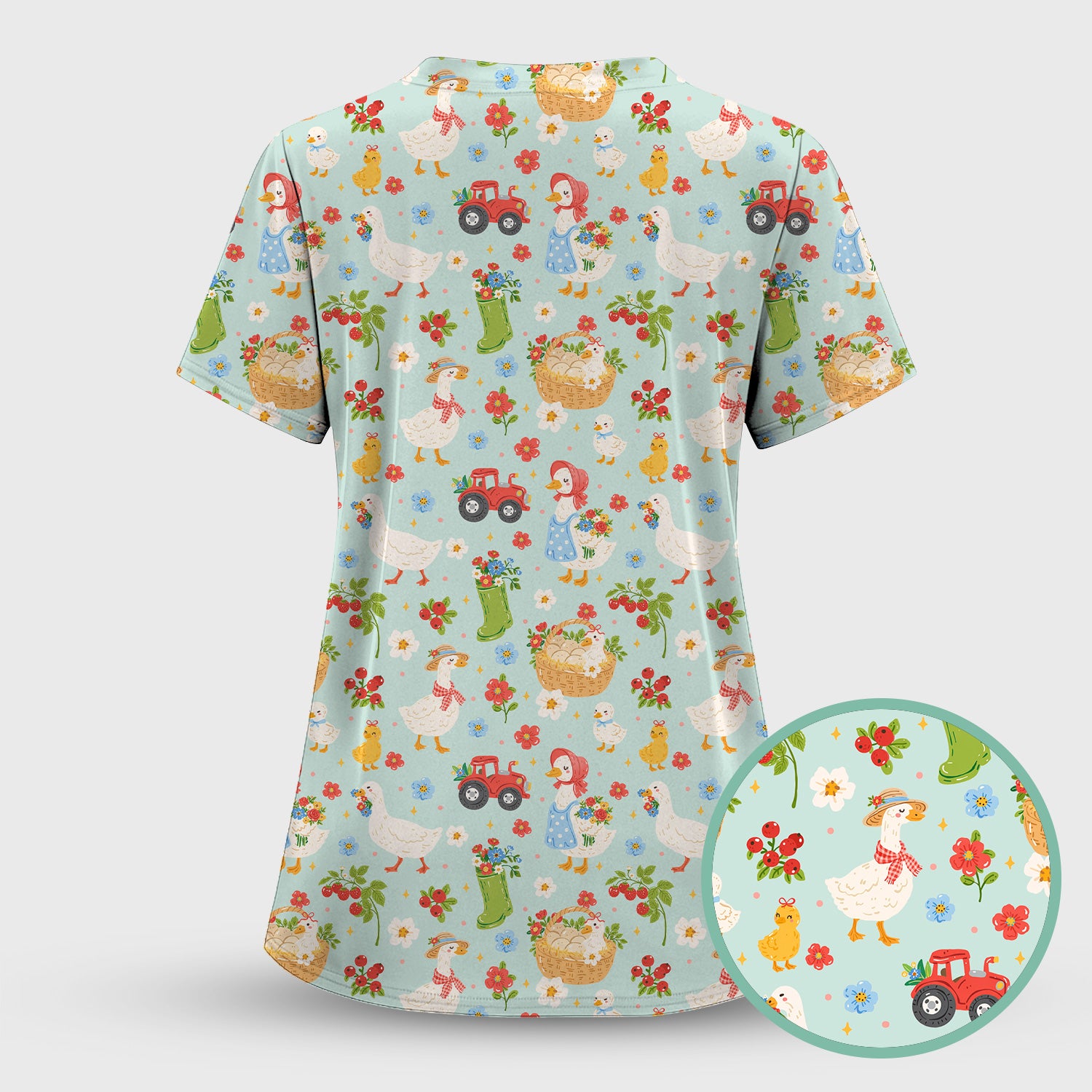 Farm Duck Chicken Tractor Flower Basket Scrub Top, Breathable Fabrics Nursing Uniform