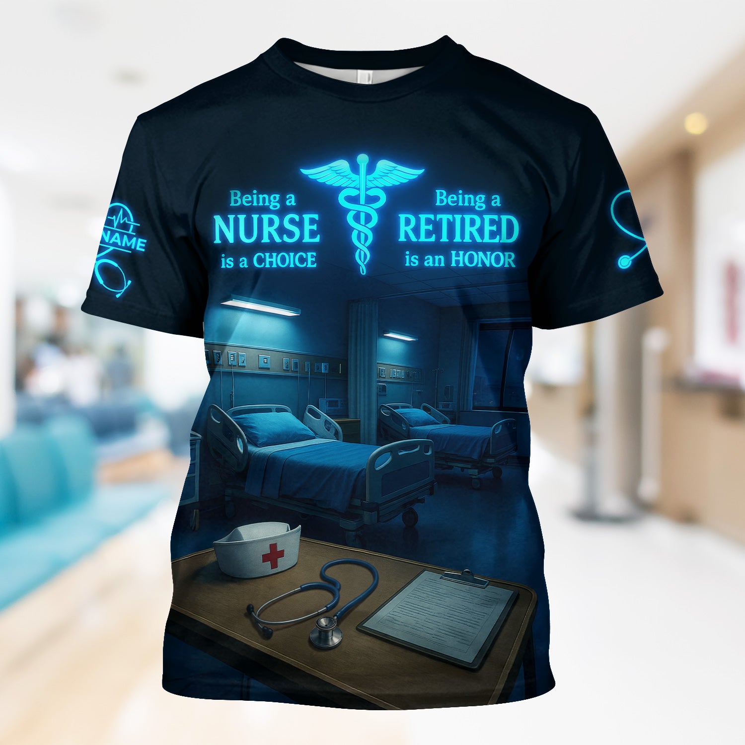 Personalized Nurse Scrub for Retired RN LPN CNA - Neon Glow Hospital Room Design - Thoughtful Retirement Gift for Medical Staff