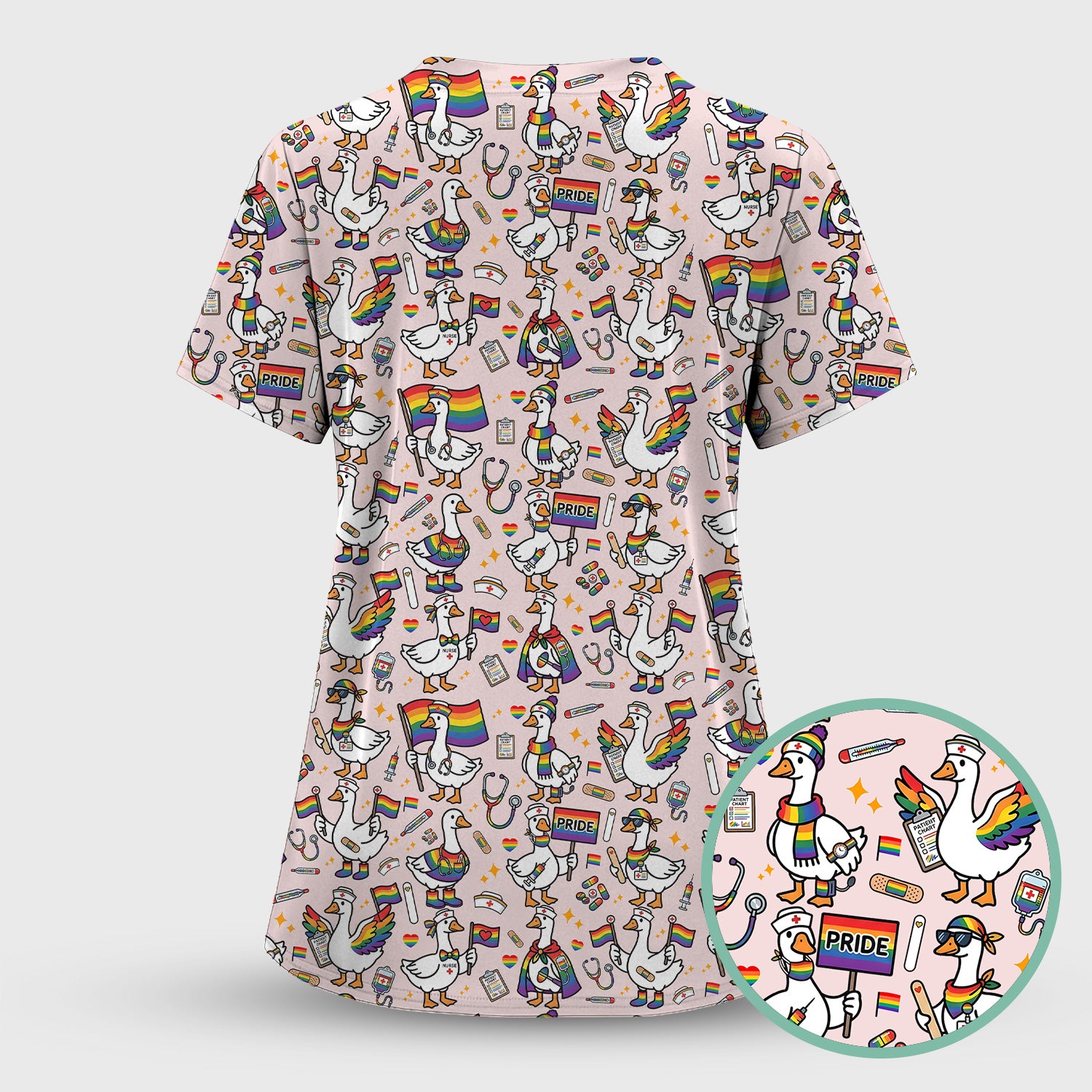 LGBT Pride Nurse Duck Pattern Scrub Top, Breathable Fabrics Nursing Uniform