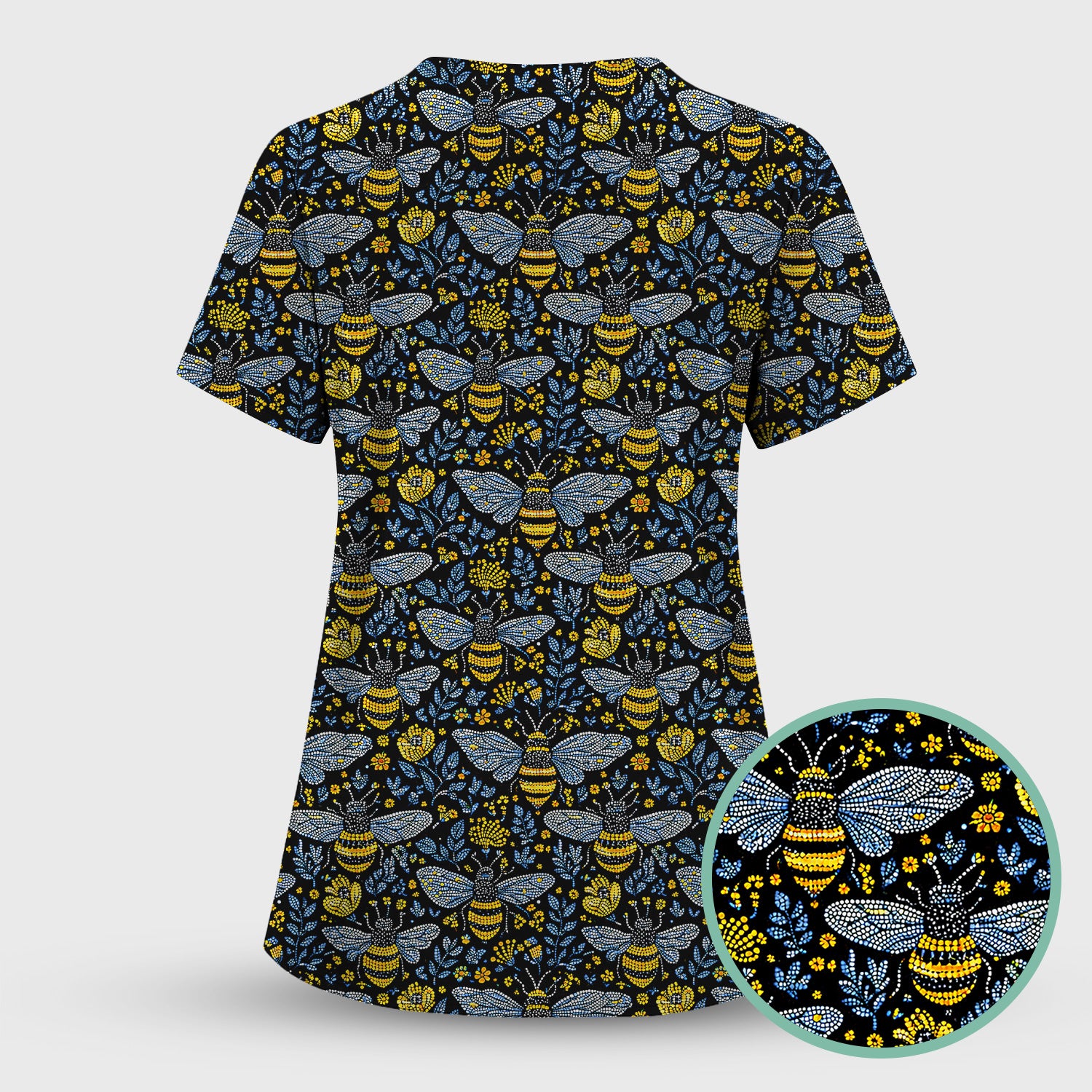 Honey Bee And Wildflower Garden Pattern Scrub Set, Scrub Pants and V Neck Top