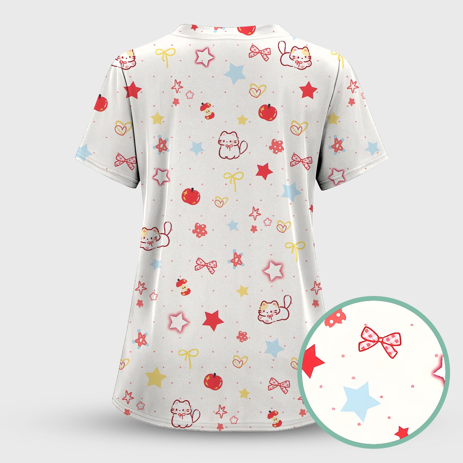 Cute Kawaii Cat Bow Star Pattern Scrub Top, Comfortable Scrubs for Nurses