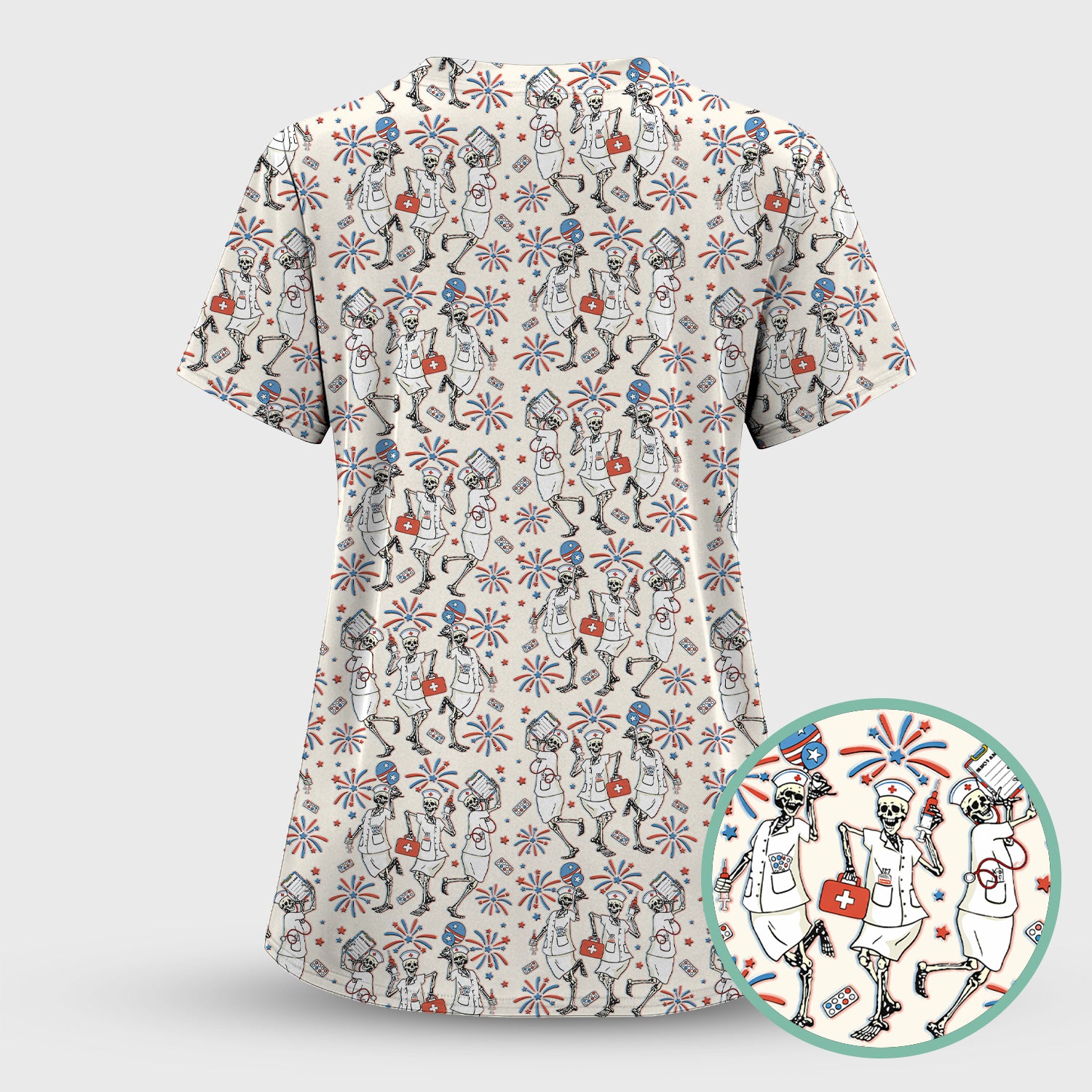 Funny Skeleton Nurse Patriotic Print Scrub Set, Scrub Pants and V Neck Top