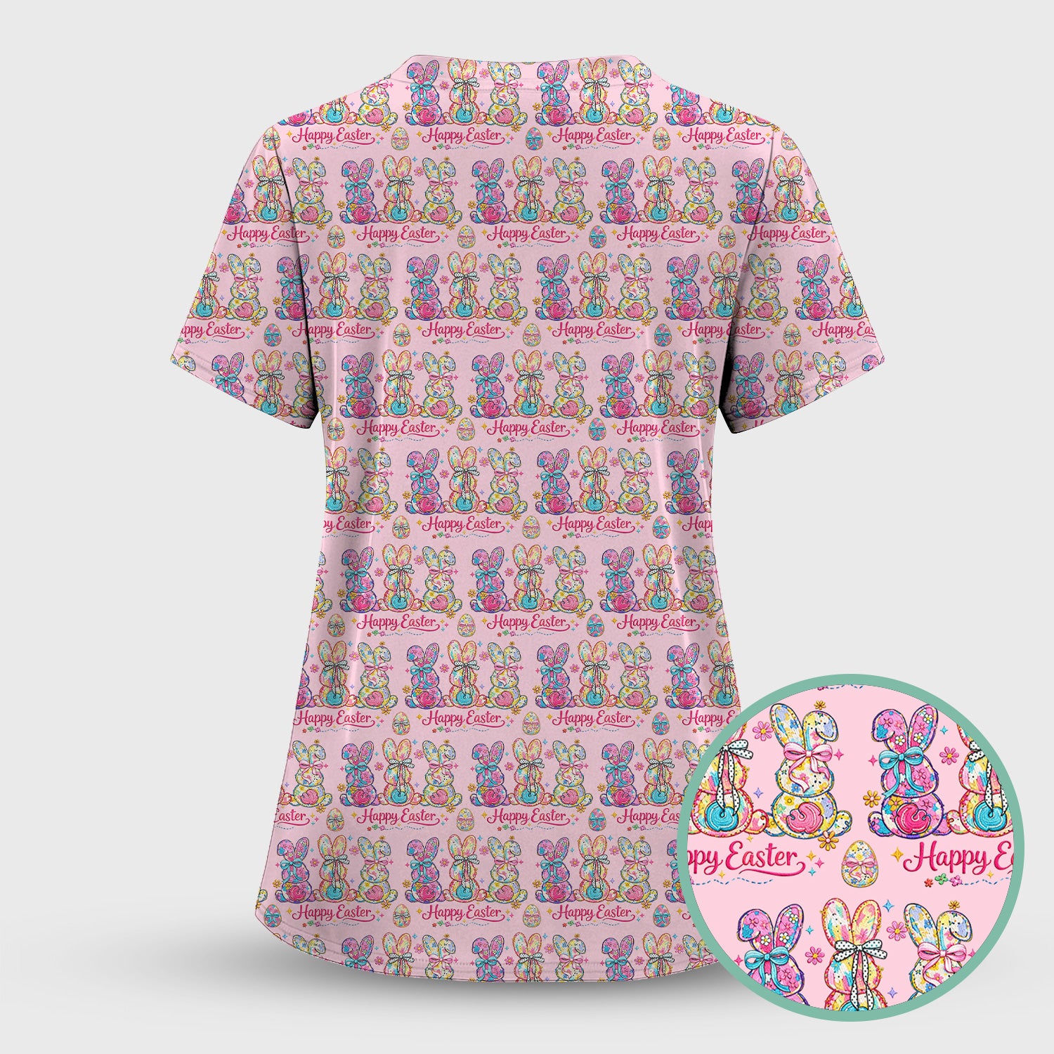 Pink Happy Easter Bunny Pattern Scrub Set, Scrub Pants and V Neck Top