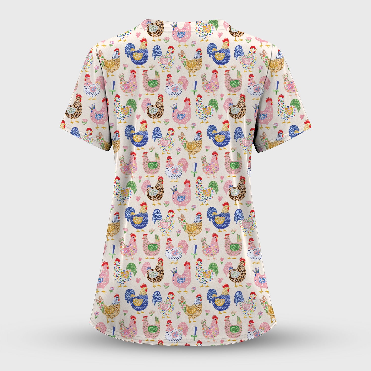 Colorful Chicken Farm Pattern Scrub Top, Breathable Fabrics Nursing Uniform