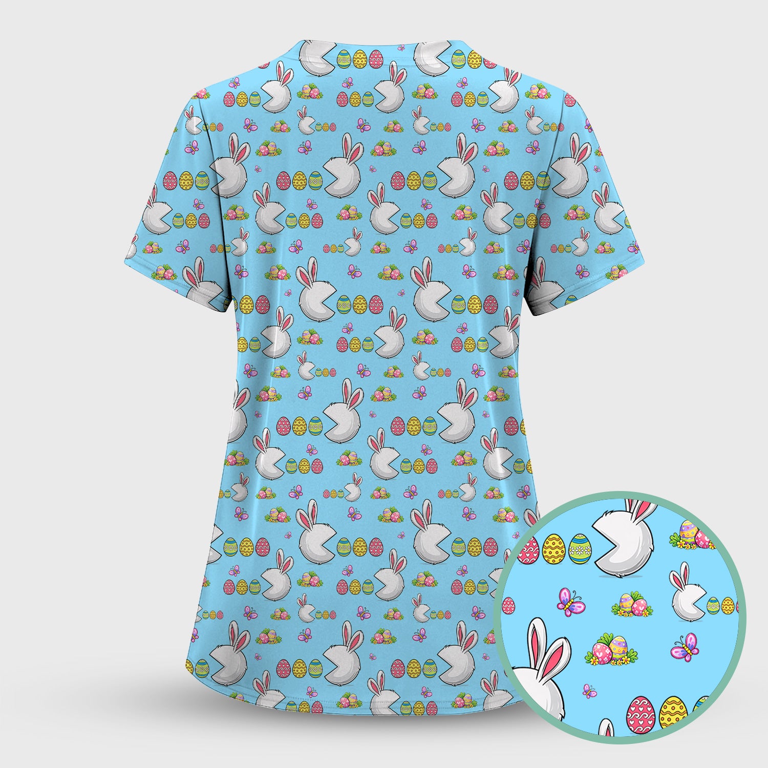 Easter Bunny and Colorful Eggs Print Scrub Top, Breathable Fabrics Nursing Uniform