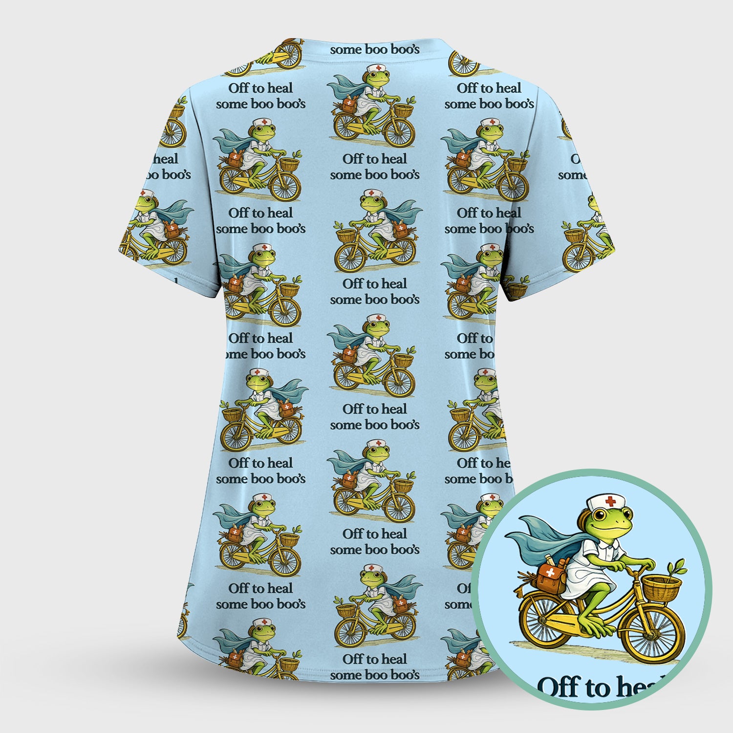 Funny Frog Nurse Cycling Pattern Scrub Top, Comfortable Scrubs for Nurses