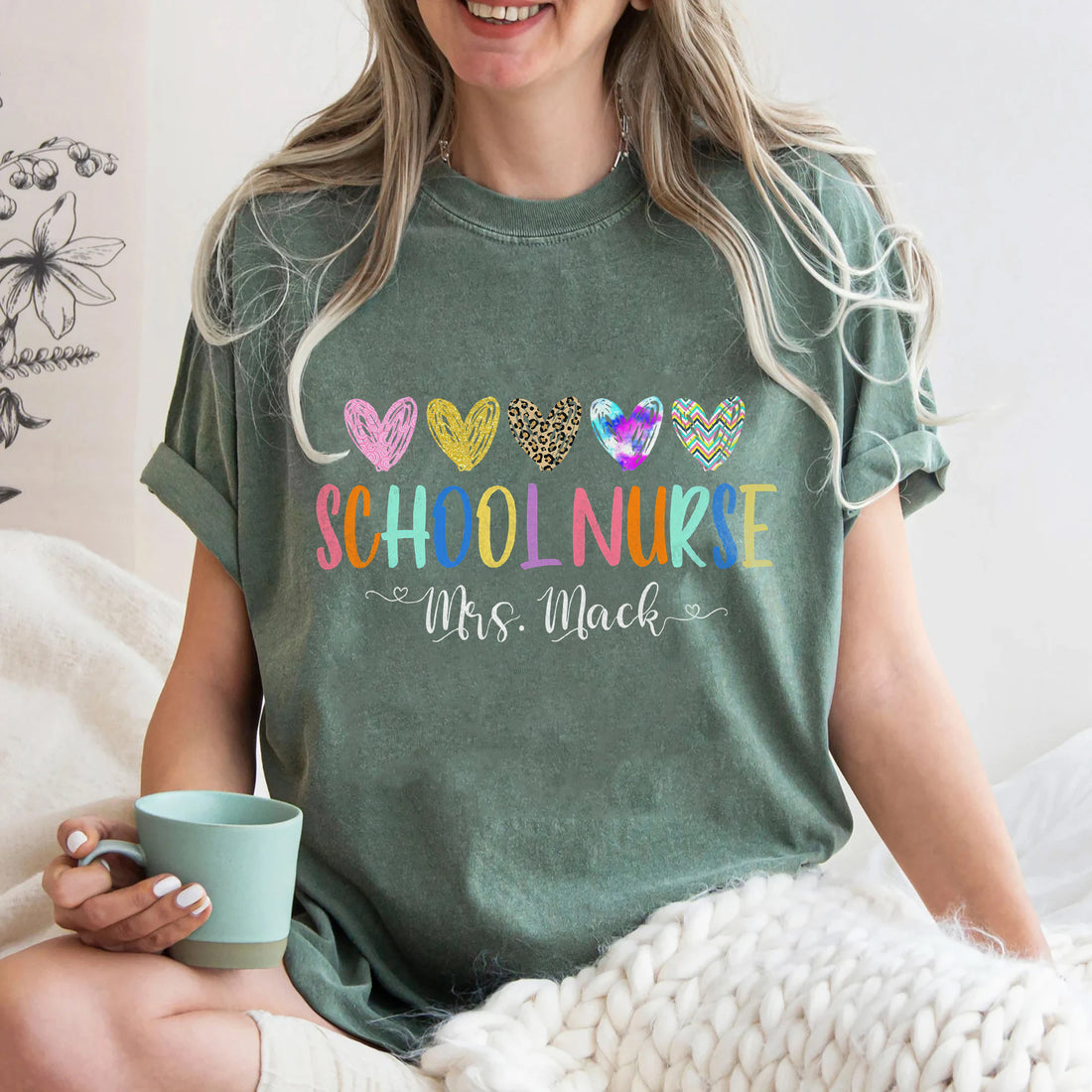 Personalized School Nurse Shirt for Women – Colorful Hearts & Name Customization – Cute Gift for Nurse Appreciation