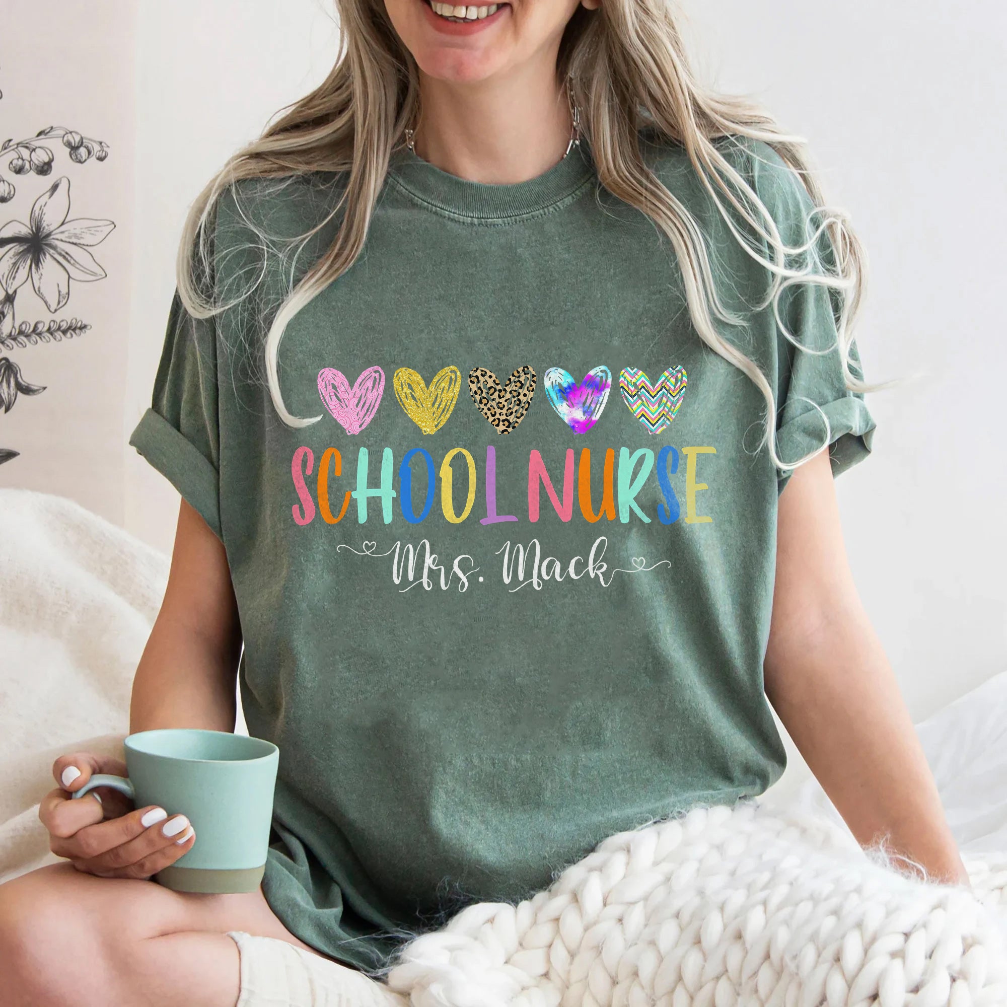 Personalized School Nurse Shirt for Women – Colorful Hearts & Name Customization – Cute Gift for Nurse Appreciation