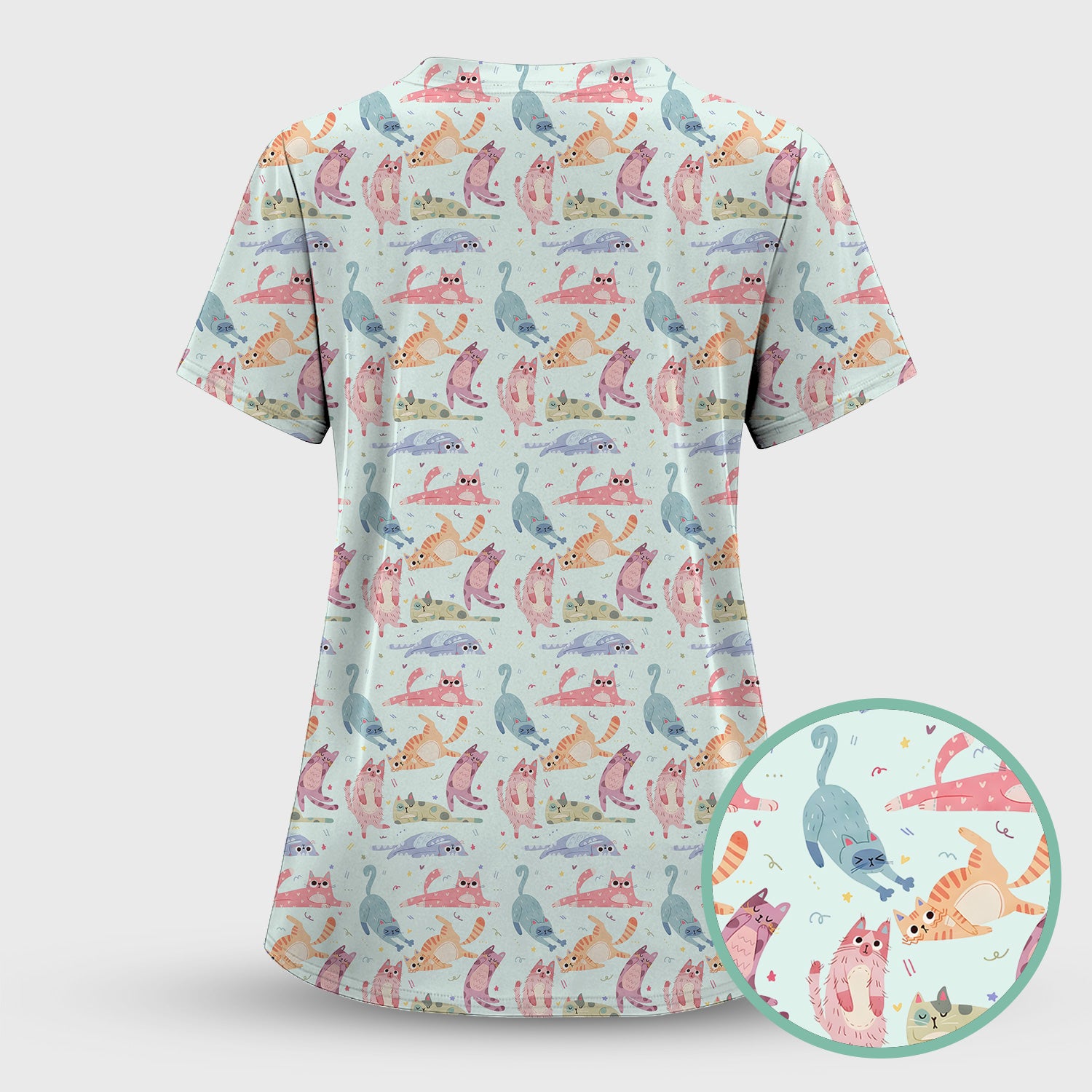 Funny Pastel Cat Pattern Medical Scrub Top, Breathable Fabrics Nursing Uniform