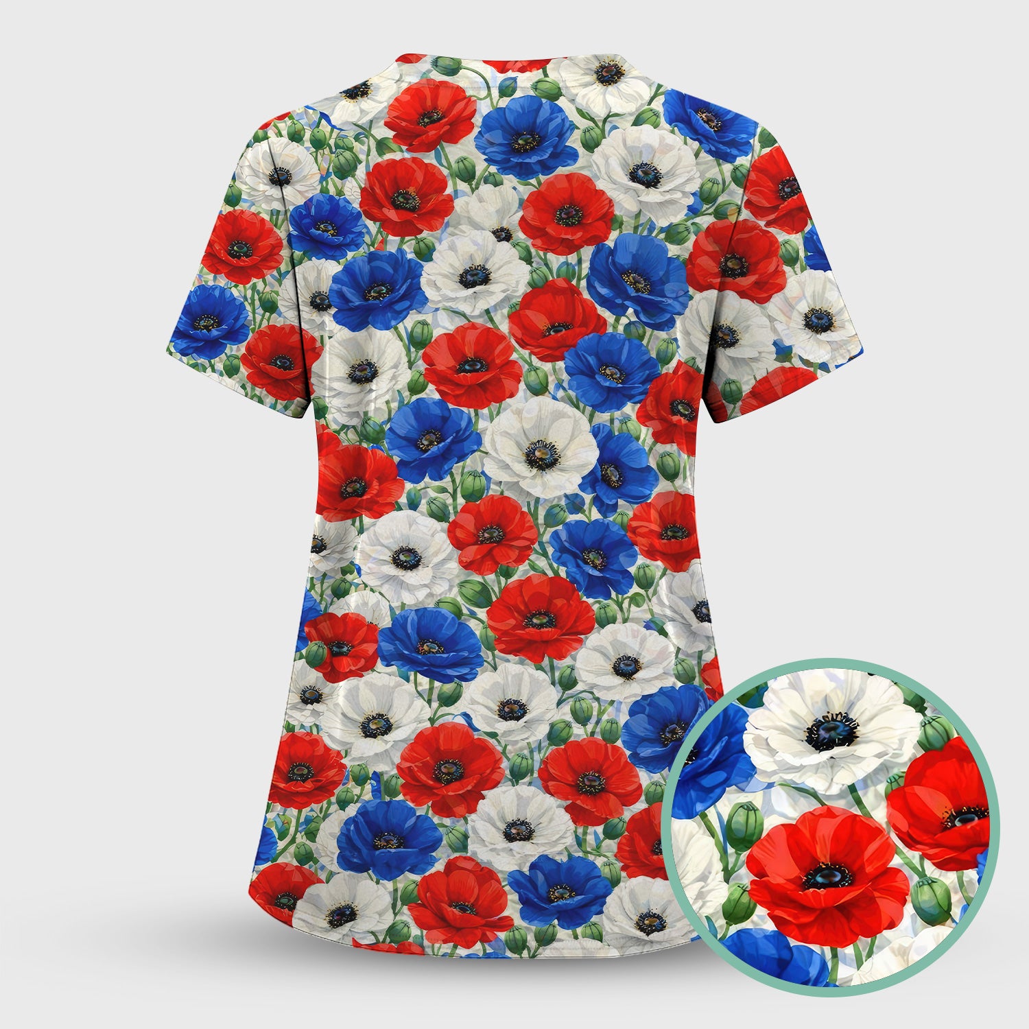 Festive Patriotic Red Blue Poppy Floral Pattern Scrub Set, Scrub Pants and V Neck Top