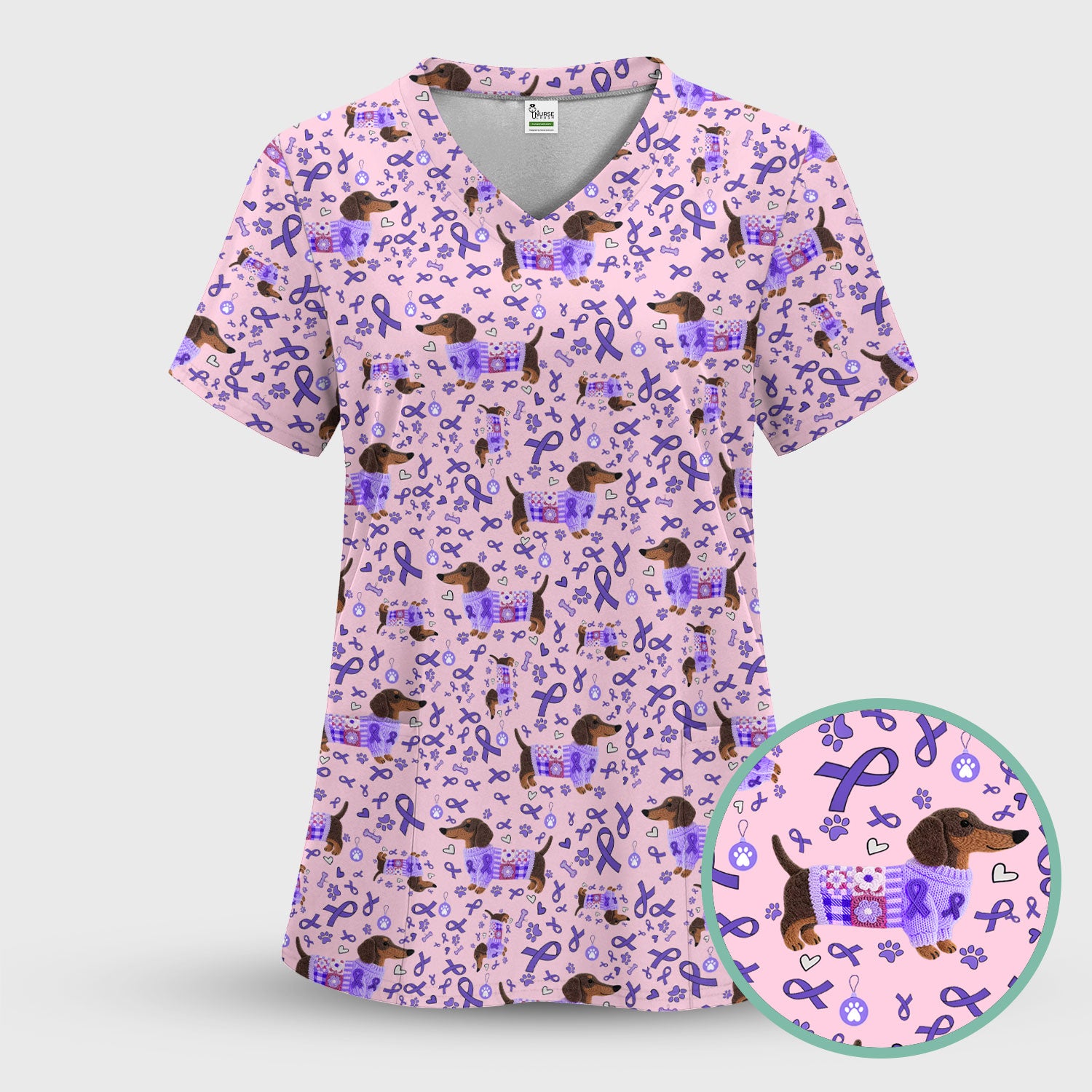 Purple Ribbon Dachshund Scrub Top for Nurses - Cute Awareness Dog Paw Prints - Support Lupus Cancer Med Uniform Gift for Women