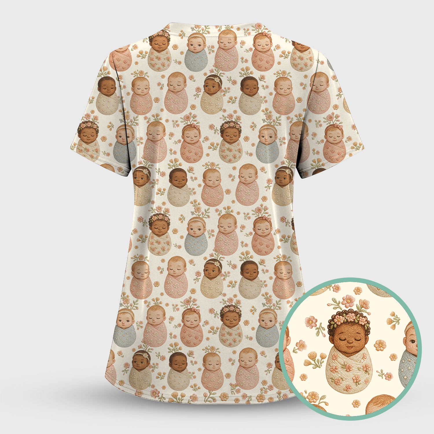 Sweet Newborn Baby Floral Print Nurse Scrub Top, Comfortable Scrubs for Nurses