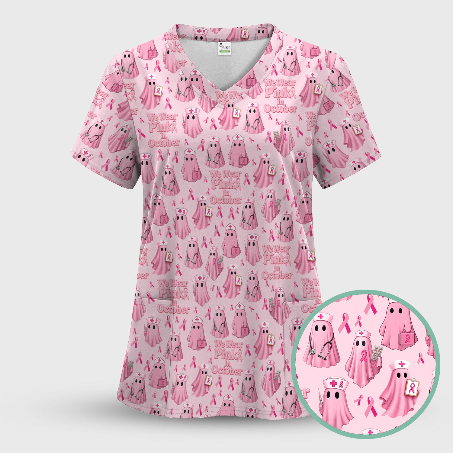 Funny Breast Cancer Awareness Scrub Top - We Wear Pink In October & Ghost Nurse Design - Gift for RN LPN CNA