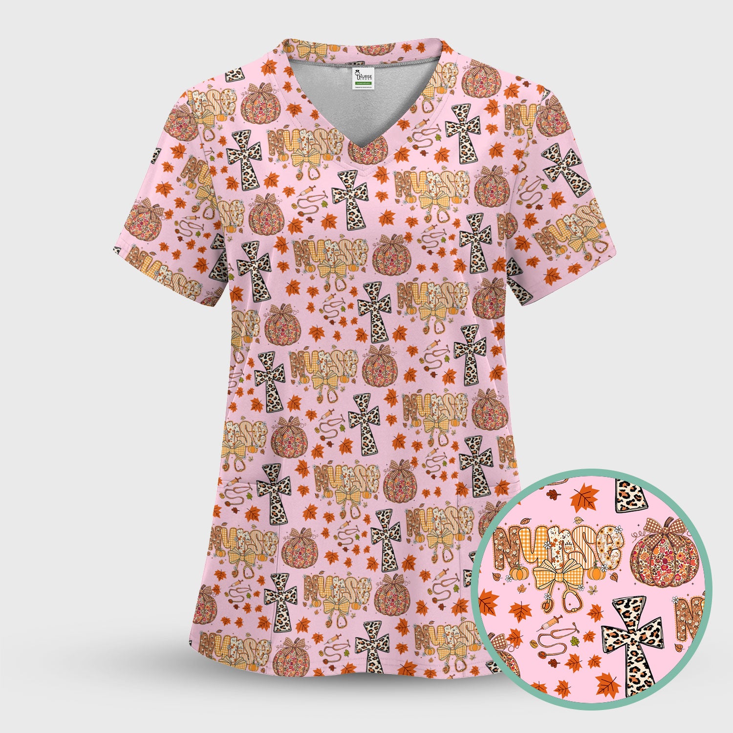 I Will Praise Him In Every Season - Boho Pumpkin Leopard Cross Fall Scrub Top for Nurse - Thanksgiving Med Uniform for Women