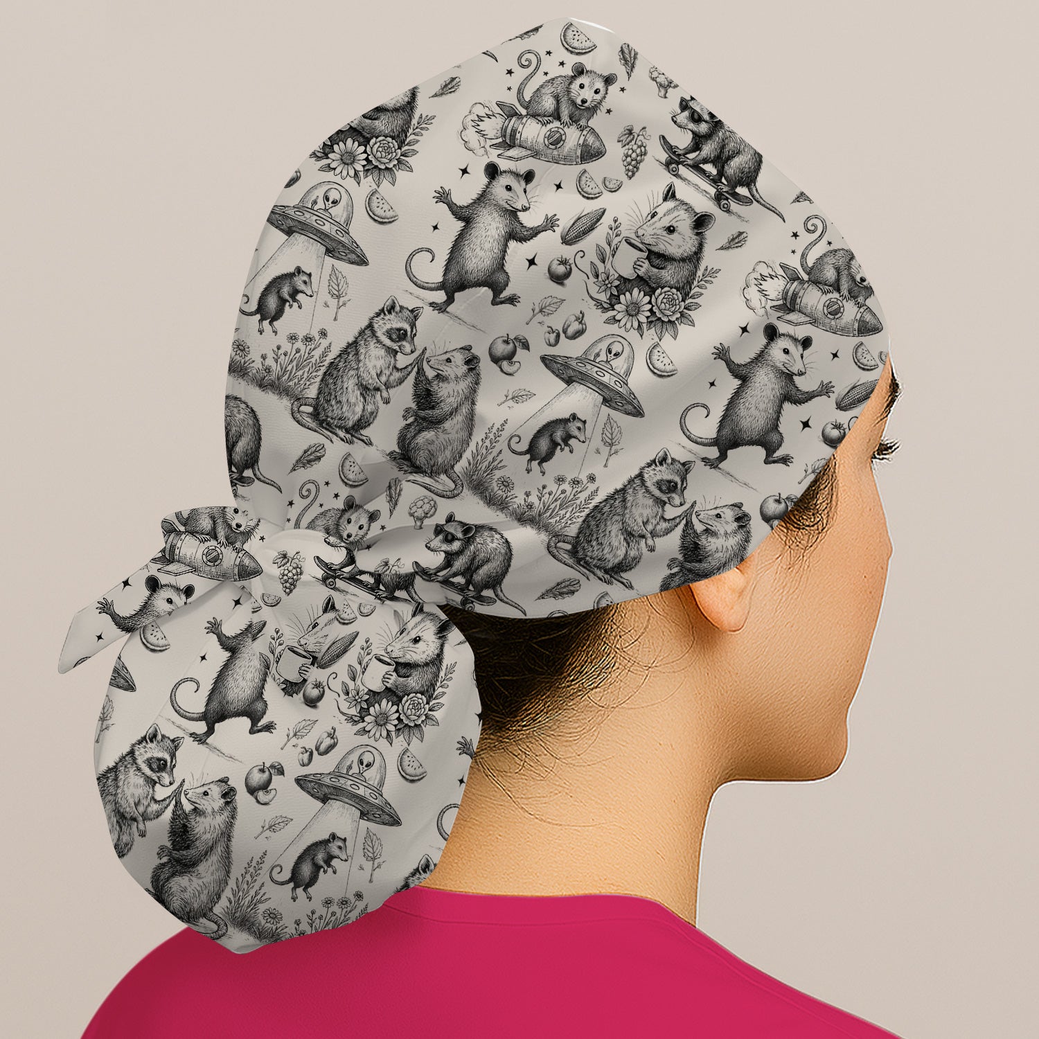 Funny Nurse Vintage Possum Raccoon High Five UFO Pattern Scrub Cap, Surgical Caps for Doctors