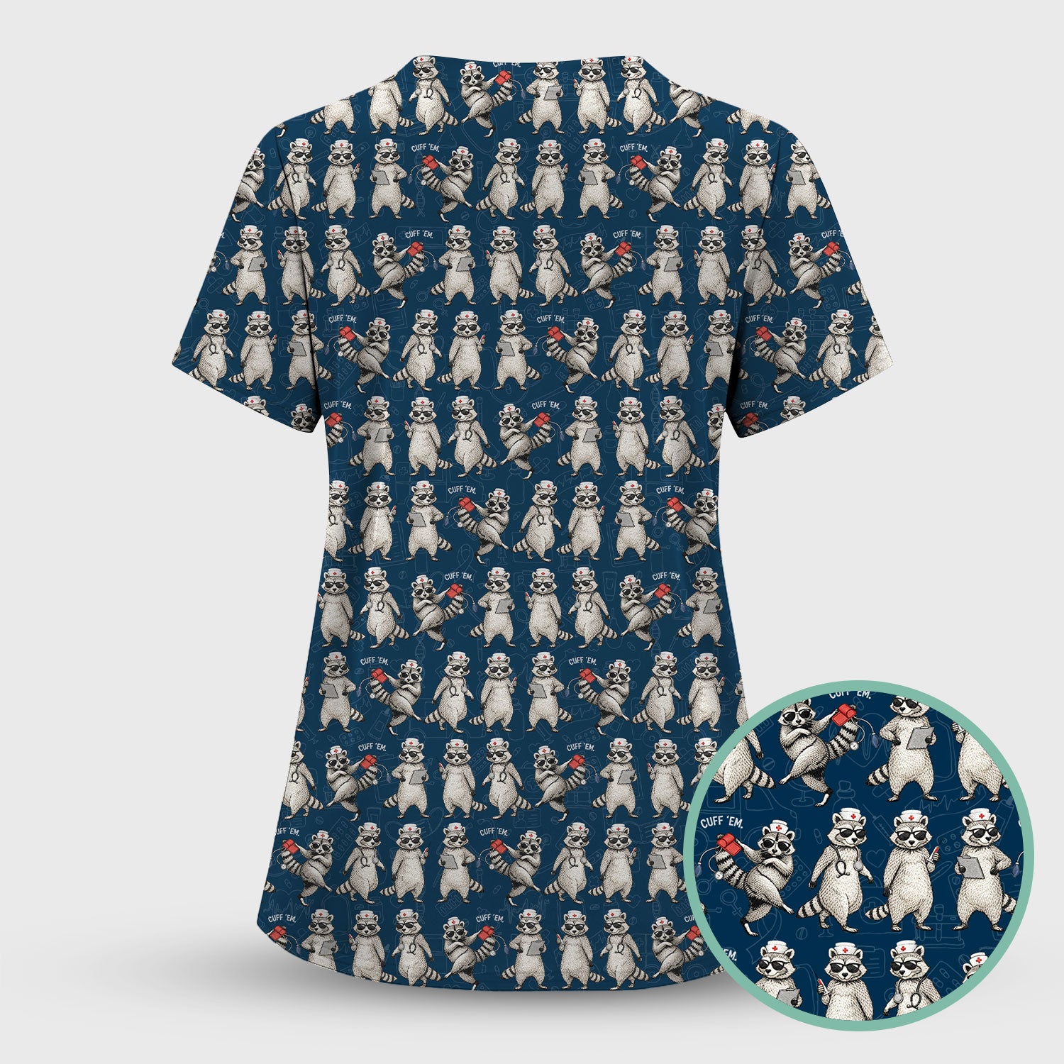 Funny Raccoon Nurse Pattern Scrub Top, Comfortable Scrubs For Nurses