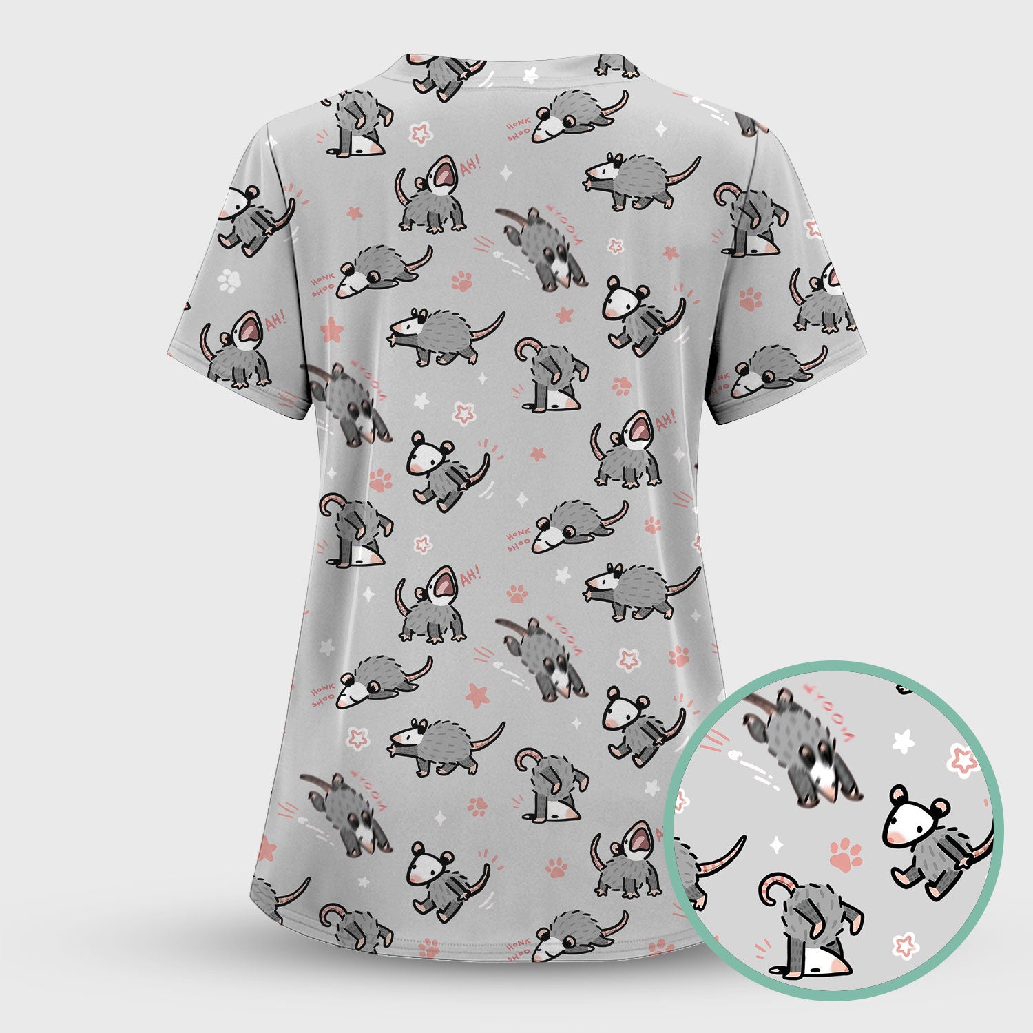 Playful Cartoon Opossum Character Pattern Scrub Top, Breathable Fabrics Nursing Uniform