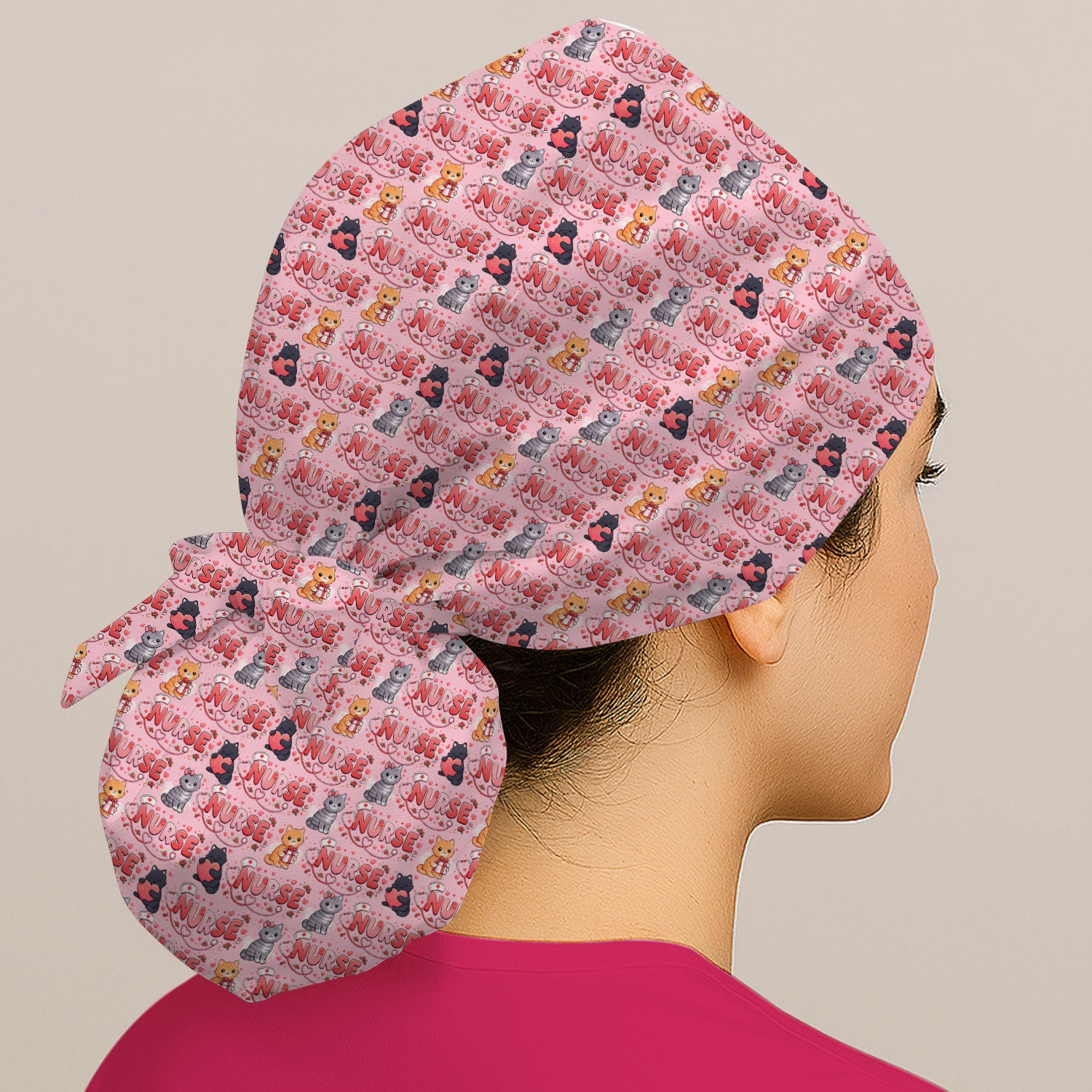 Nurse Cat Heart Pattern Valentine Scrub Cap, Bouffant Scrub Caps for Women
