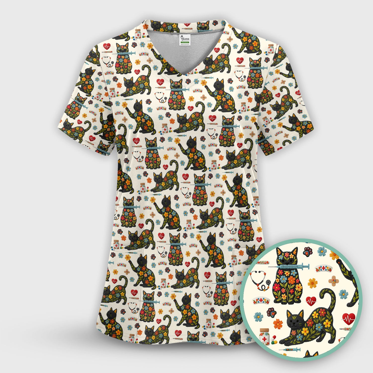 Floral Black Cat Pattern Scrub Top, Cute Cat Nurse Scrub Shirt, Medical Nursing Uniform