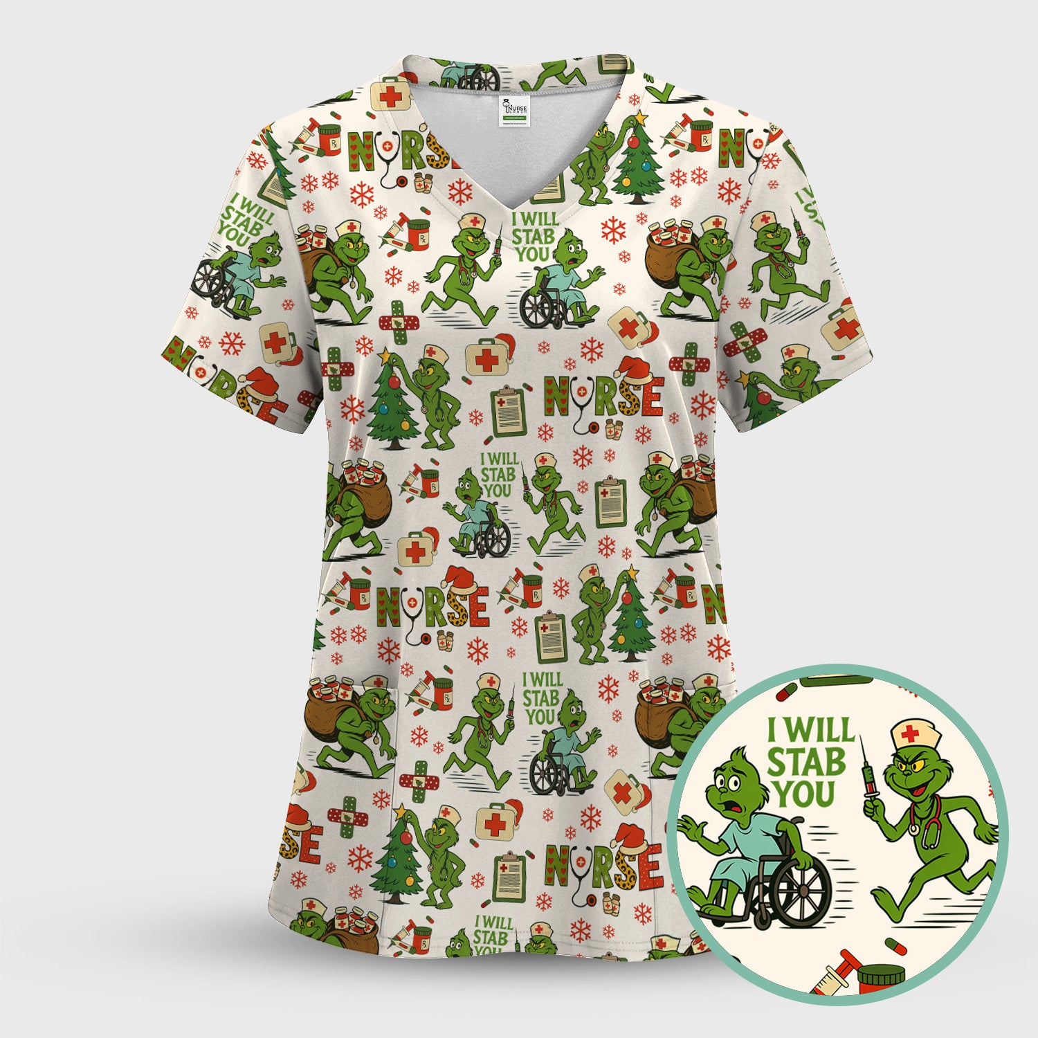 Funny Grinch Nurse Scrub Top for Women - Christmas Scrub Shirt with I Will Stab You Quote - Cute Holiday Nursing Work Shirt with Pockets