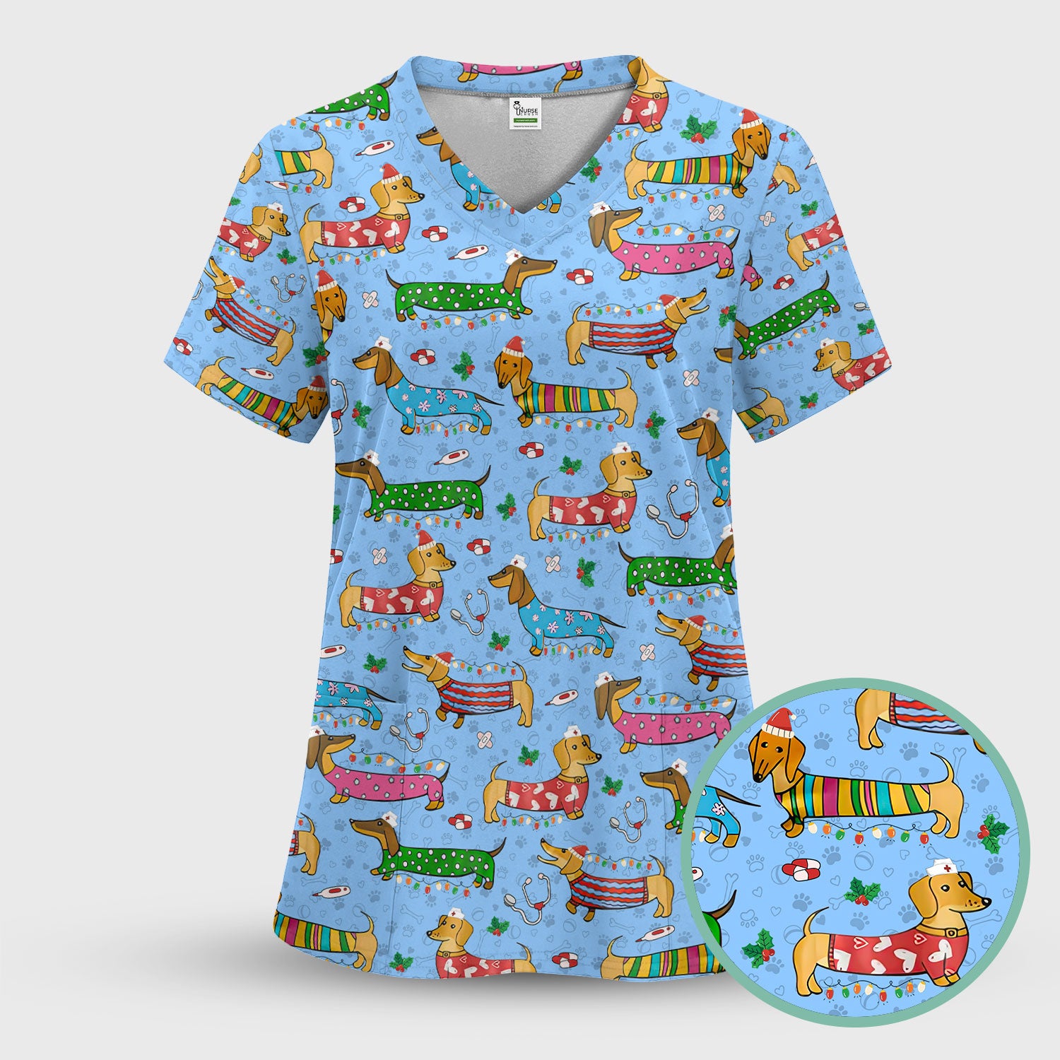 Christmas Dachshund Nurse Scrub Top - Cute Wiener Dog in Holiday Outfit - Funny Medical Shirt Gift for Women RN LPN CNA