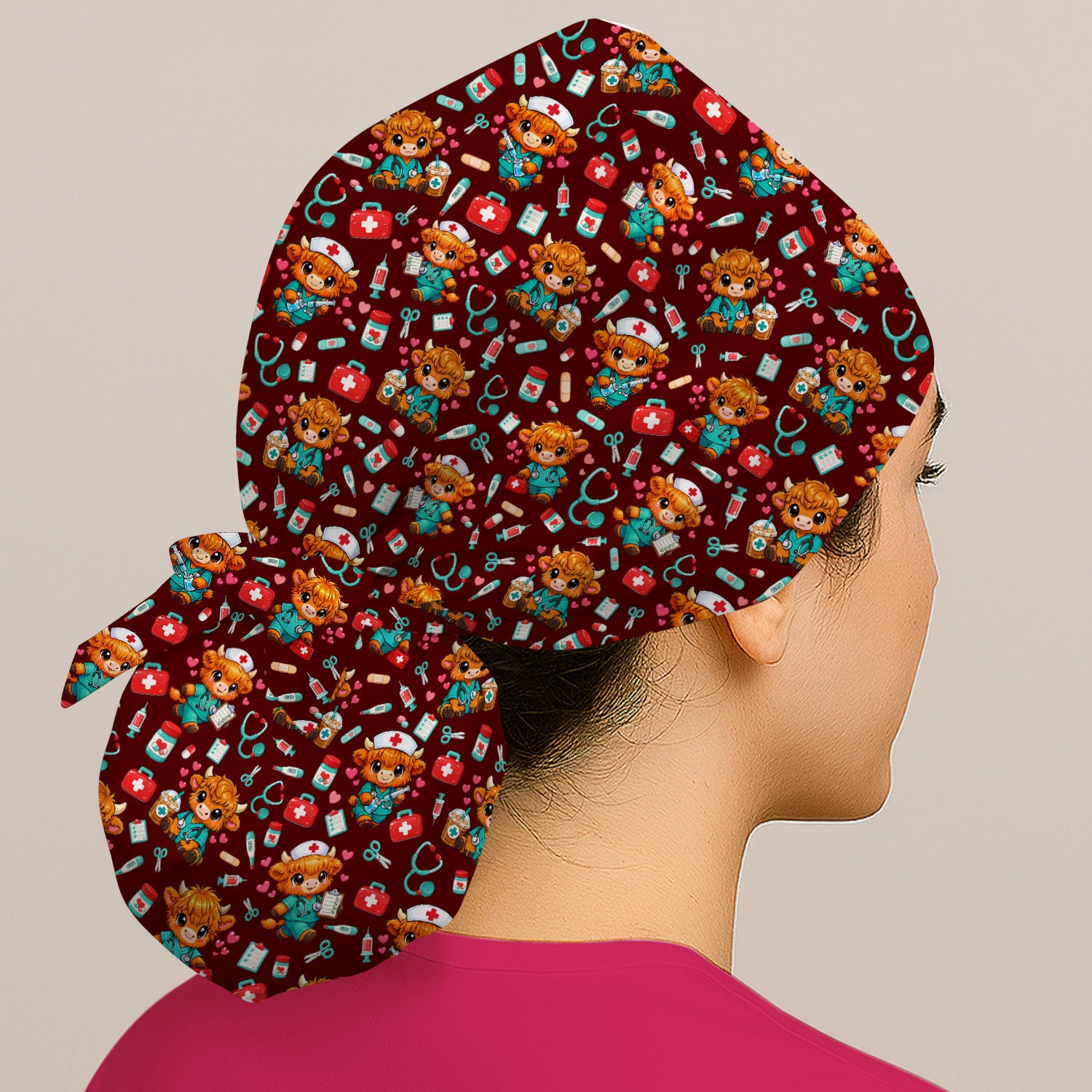Cute Highland Cow Nurse Scrub Cap, Kawaii Medical Pattern Hat, Breathable Fabrics Nursing Uniform