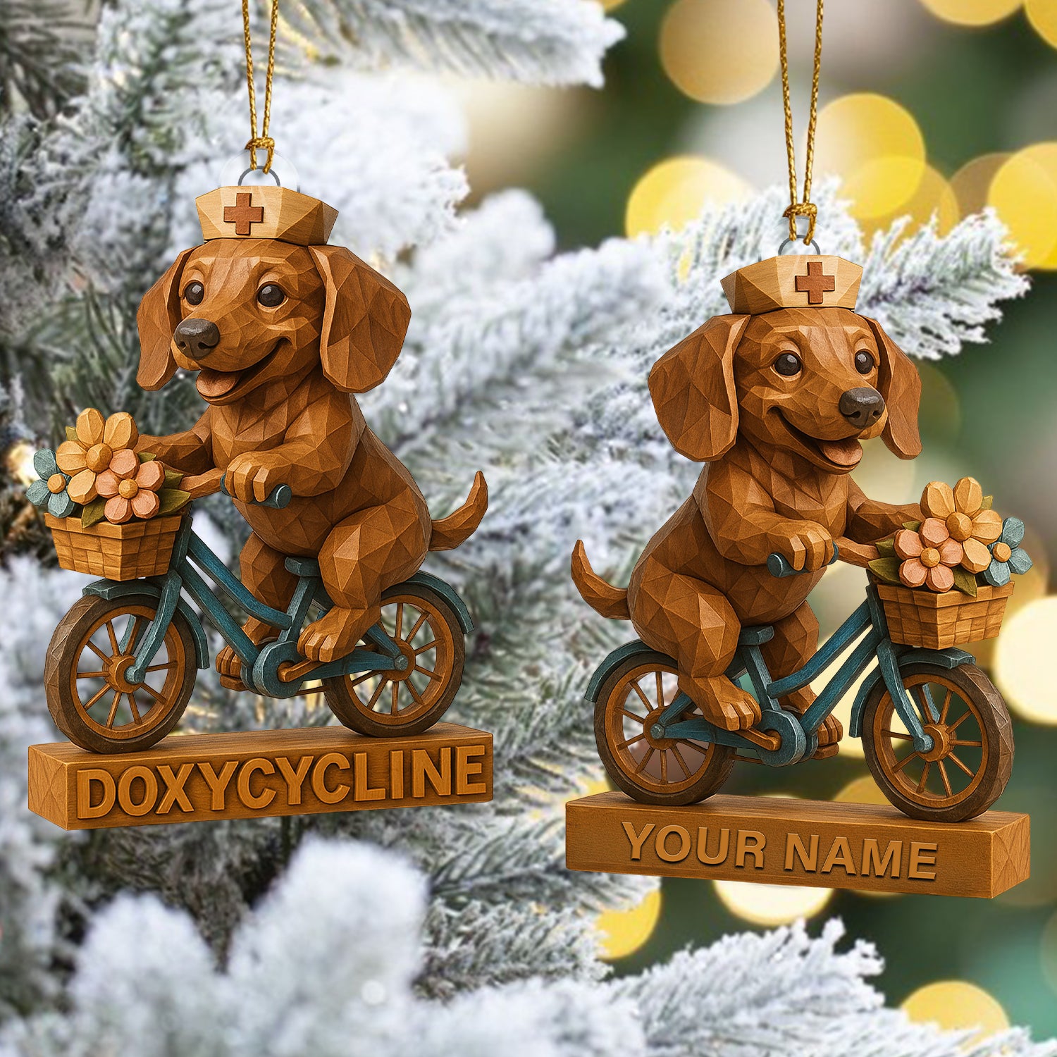 Personalized Dog Cycling Christmas Decor, Custom Name Dachshund Nurse Ornament, Nursing Gift For Dog Lovers