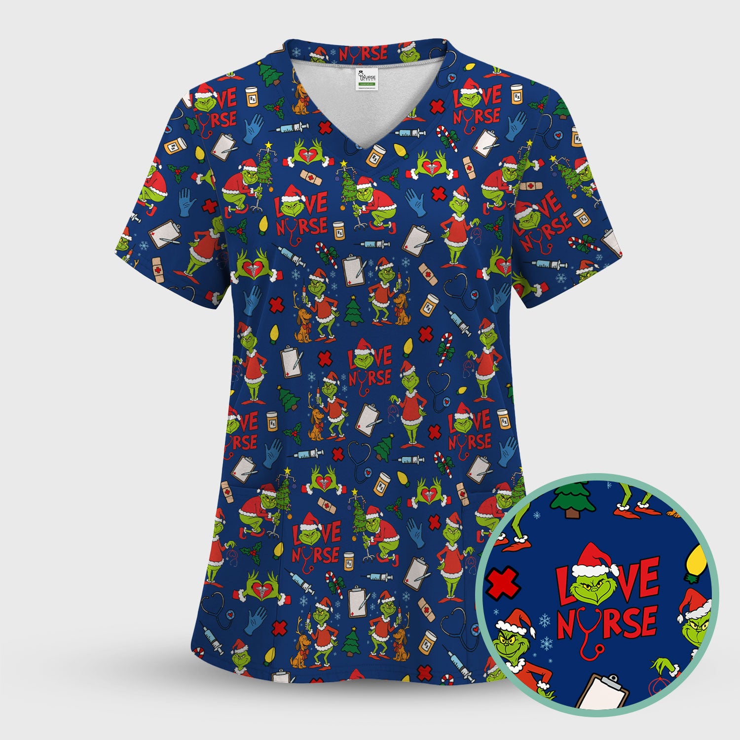 Grinch Nurse Scrub Shirt Multi Colors - Love Nurse Christmas Scrub Top - Funny Holiday Nursing Workwear with Pockets