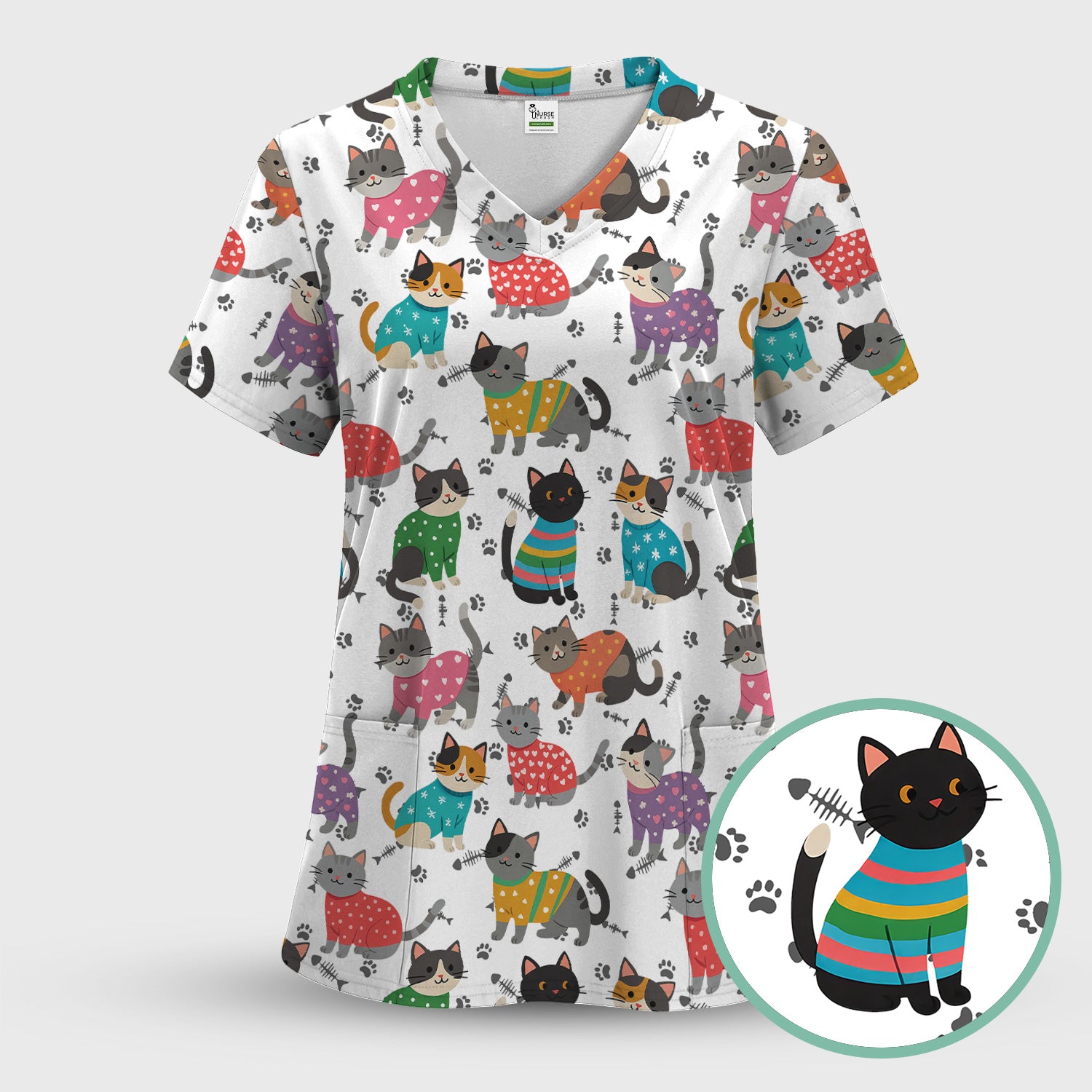 Custom Cat Scrub Top Multi Color - Cute Kitty Print Scrub Shirt for Nurses - Funny Colorful Nursing Workwear with Pockets