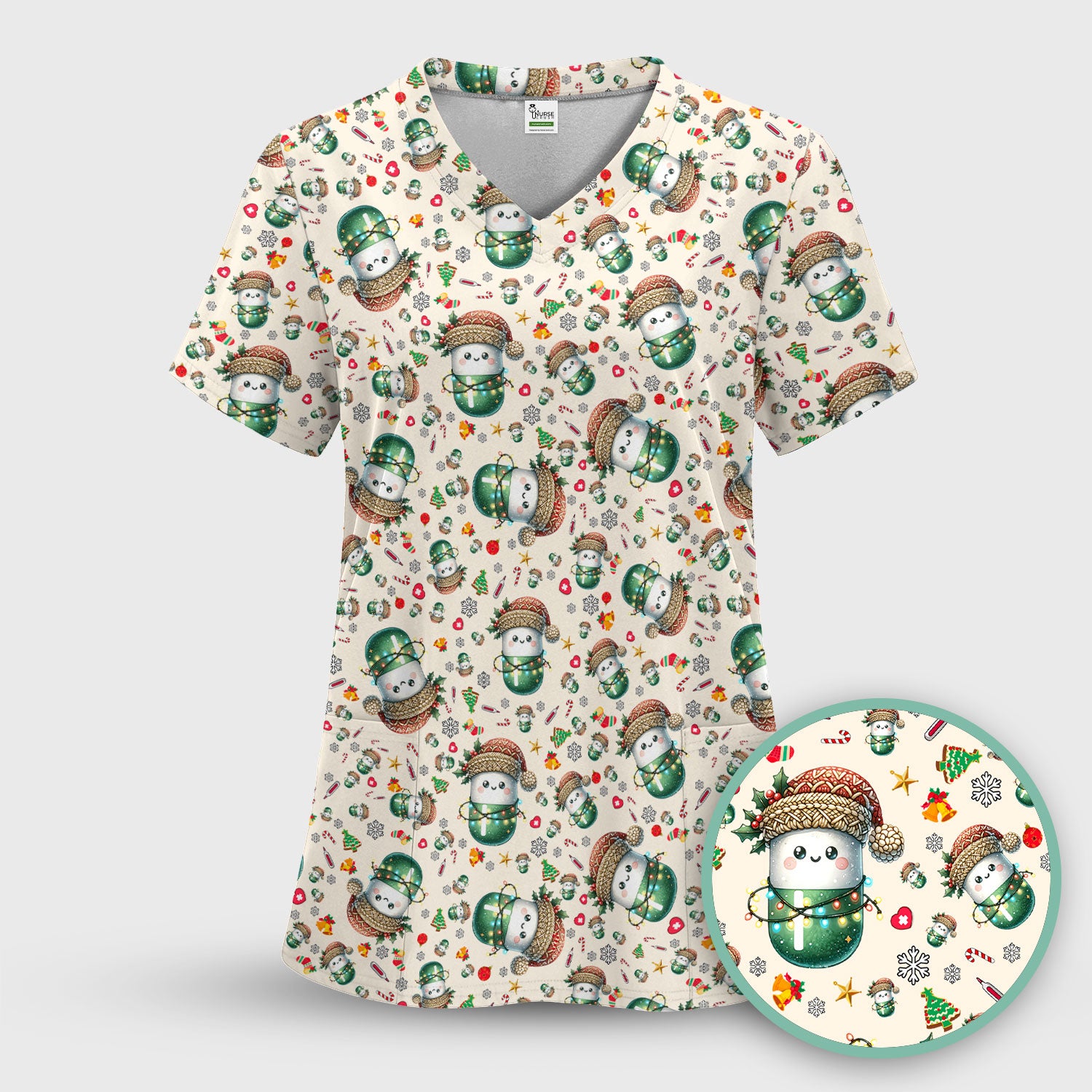 Pharmacy Tech Christmas Scrub Top – Cute Green Snowman Print Nurse Outfit – Funny Holiday Medical Uniform for Pharmacists