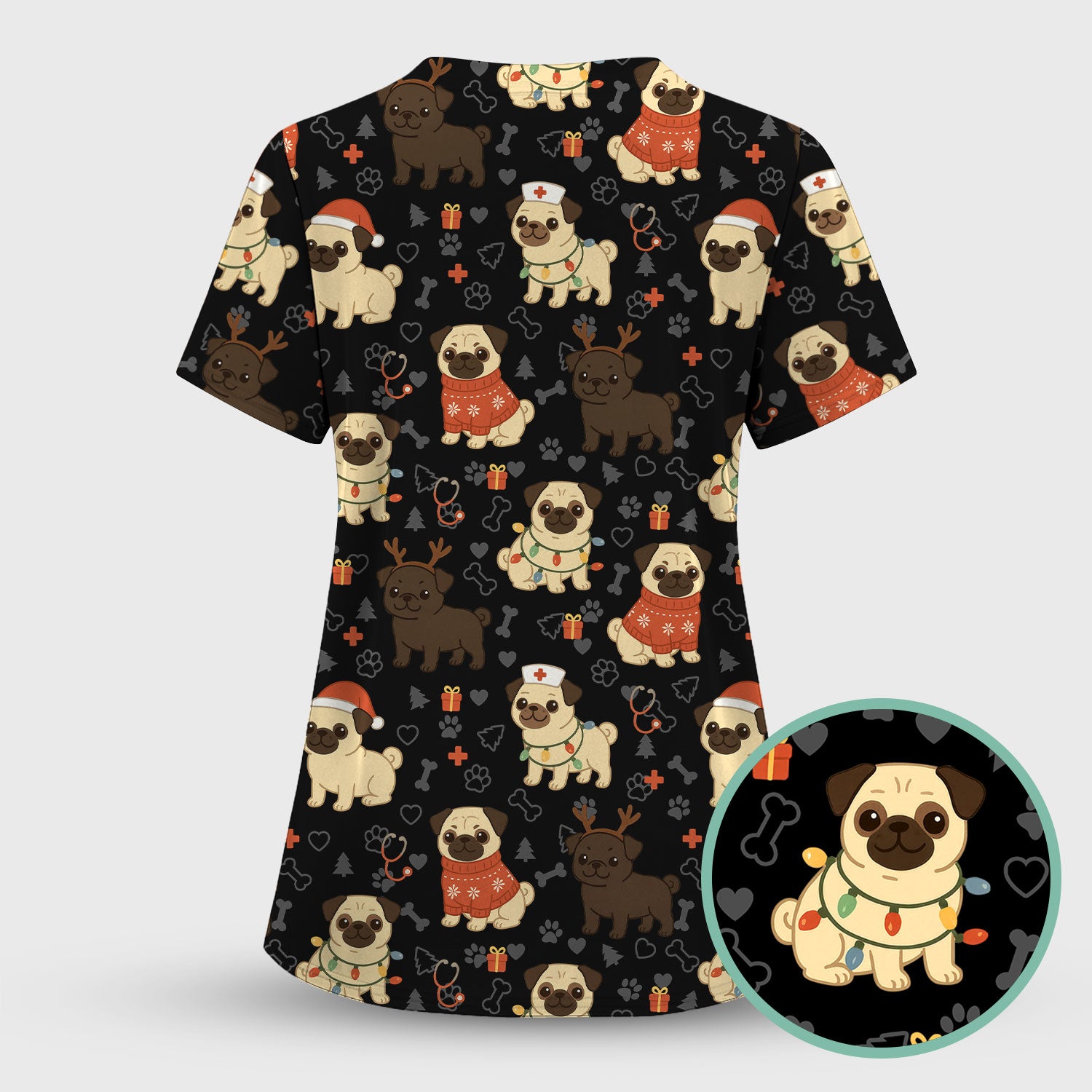 Funny Pug Christmas Nurse Scrub Set for Women - Cute Dog Pattern Holiday Medical Scrubs Top and Pants - Gift for RN LPN CNA