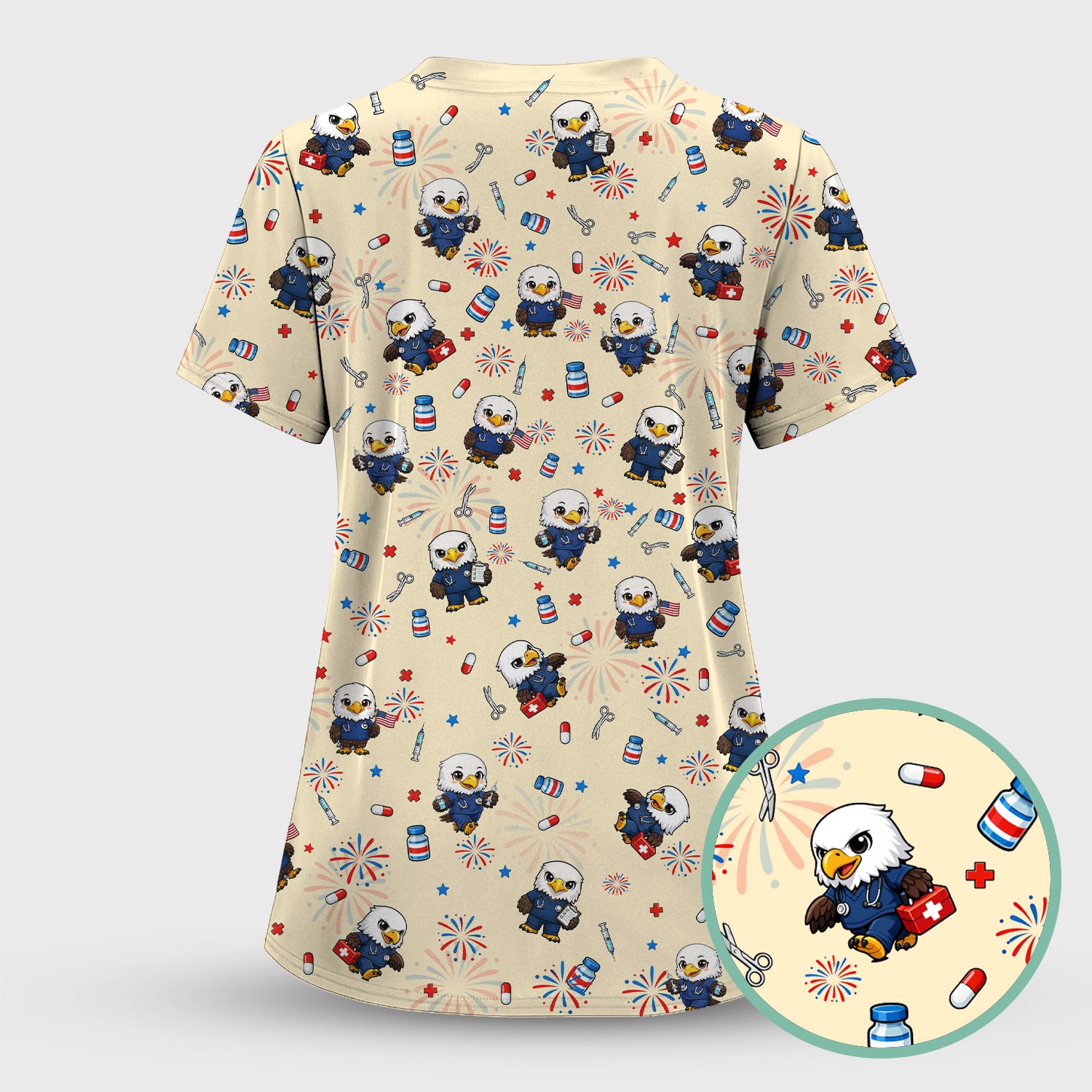 Patriotic Nurse Eagle Fireworks Medical Pattern Scrub Set, Women's Scrub Sets