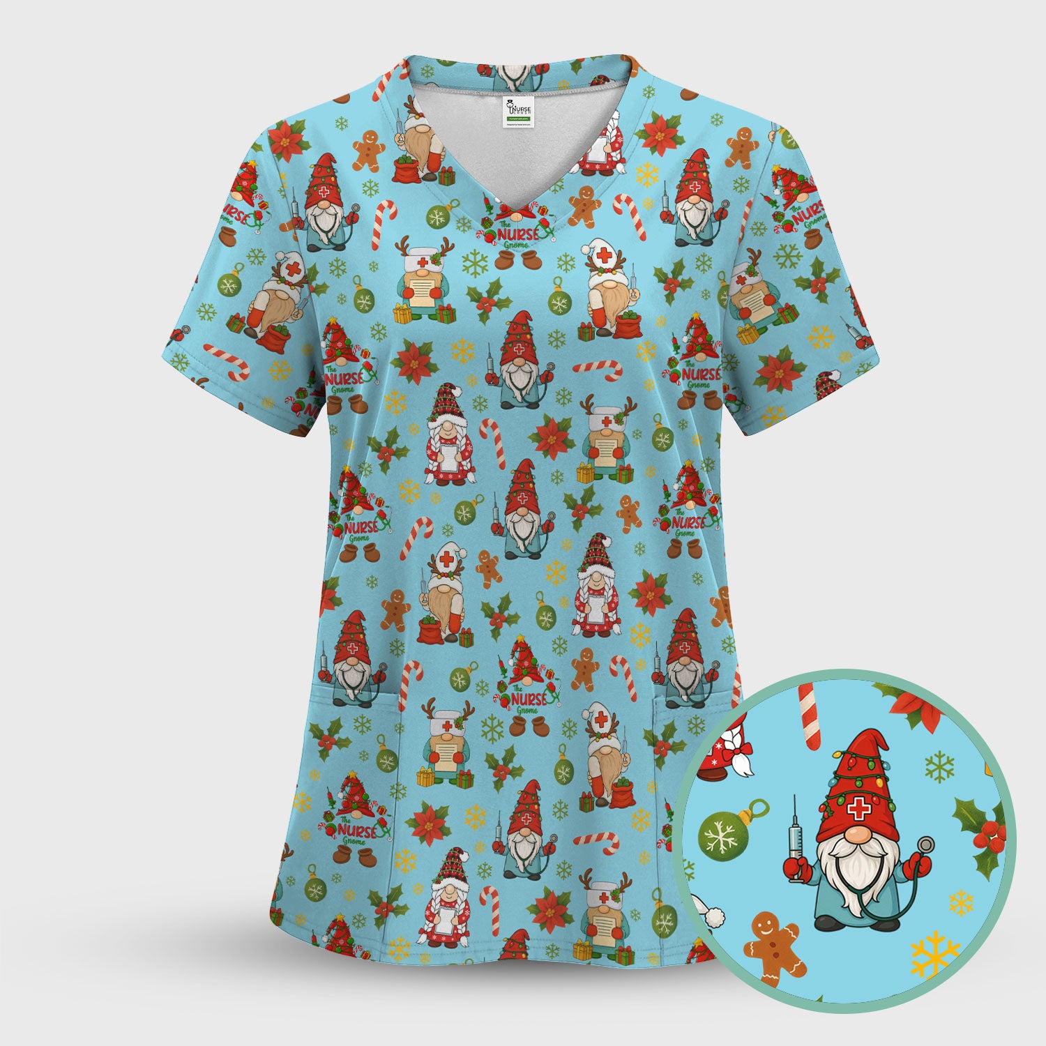 Funny Christmas Scrub Shirt - Gnome Santa Print Scrubs for Nurses - Holiday Medical Scrub Top Gift for Women, Men, CNA, RN, Doctor, Medical Staff