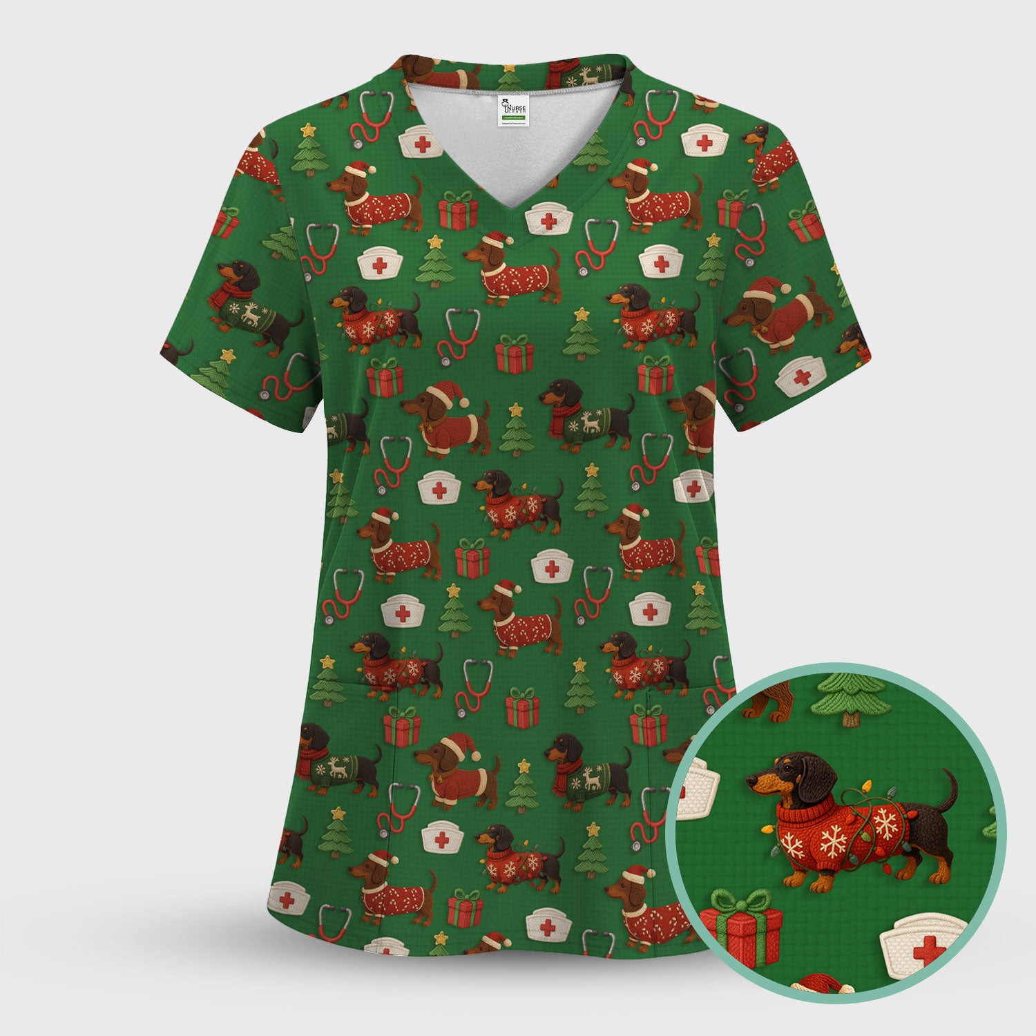 Custom Nurse Scrubs for Women - Dachshund Dog Christmas Print with Gifts & Holiday Tree - Multi Color Nursing Shirt Gift Idea