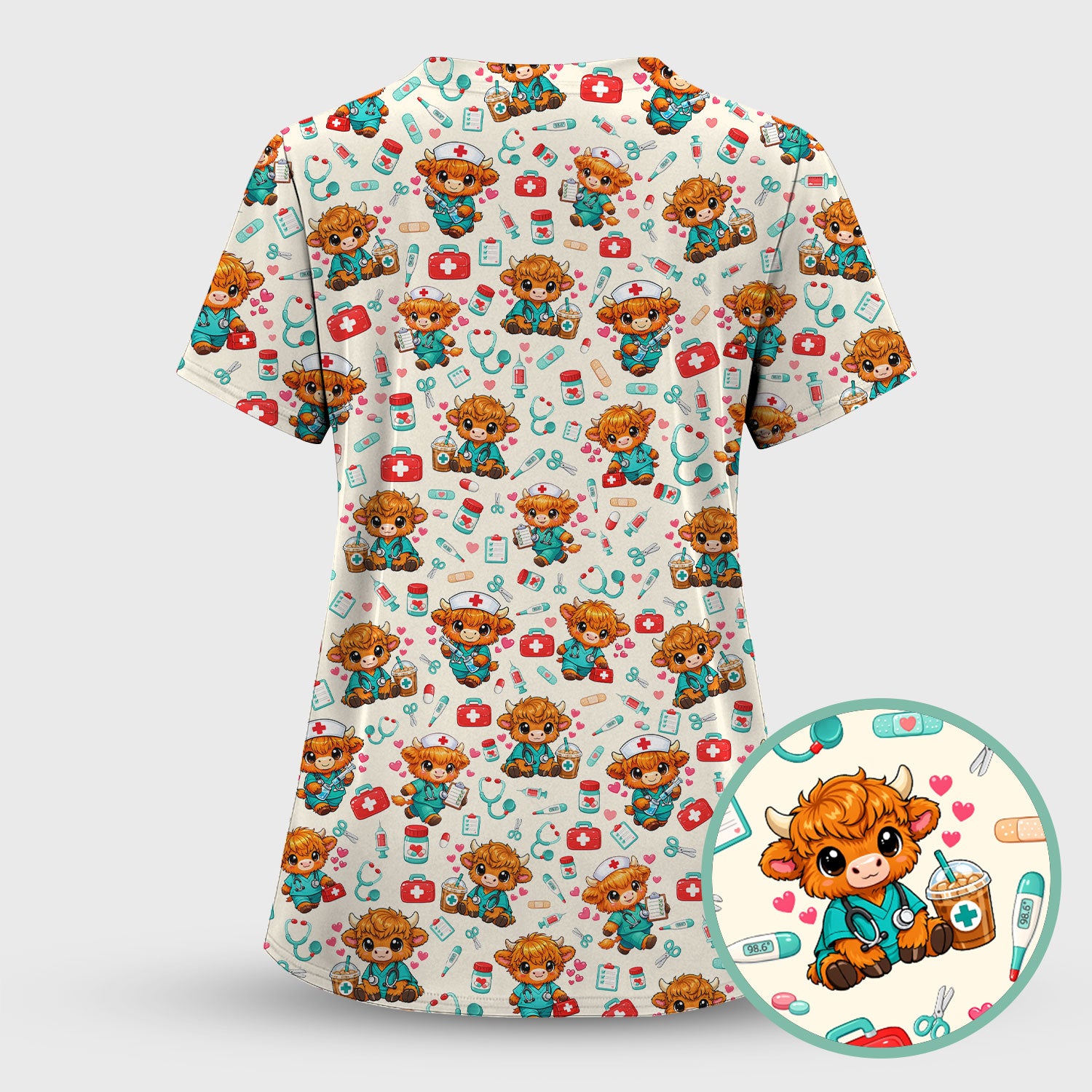 Cute Highland Cow Nurse Scrub Top, Kawaii Medical Pattern Shirt, Breathable Fabrics Nursing Uniform