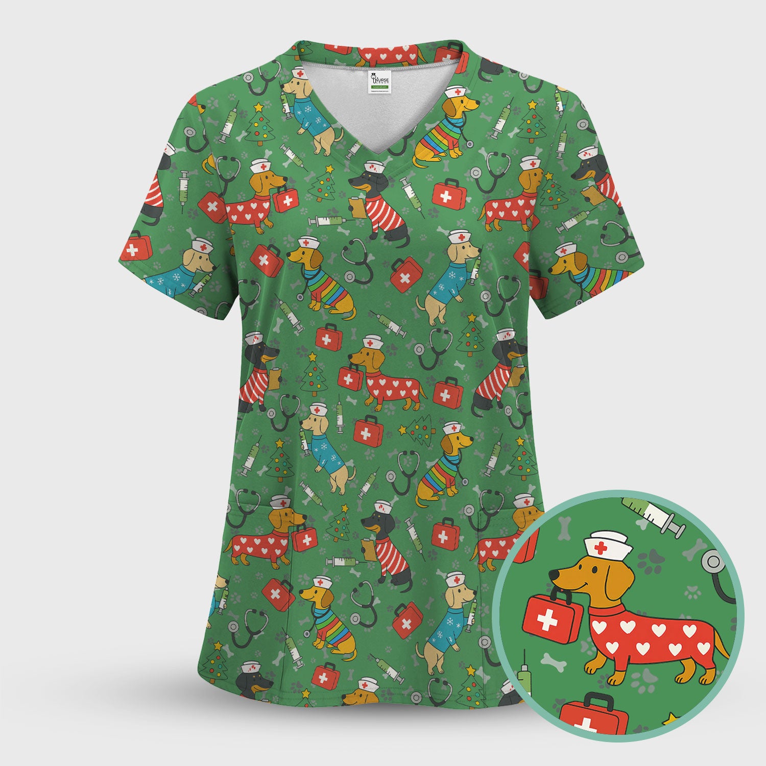 Funny Dachshund Scrub Shirt - Christmas Dog Print Scrubs Multi Color - Holiday Nurse Scrub Top Gift for Women, Men, CNA, RN, Medical Staff