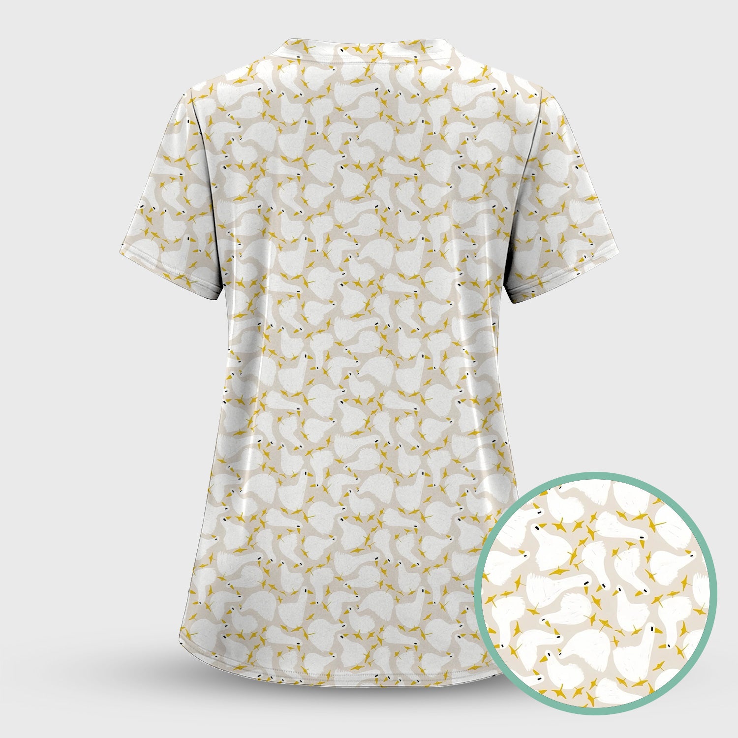 Cute White Goose Yellow Star Pattern Scrub Top, Breathable Fabrics Nursing Uniform