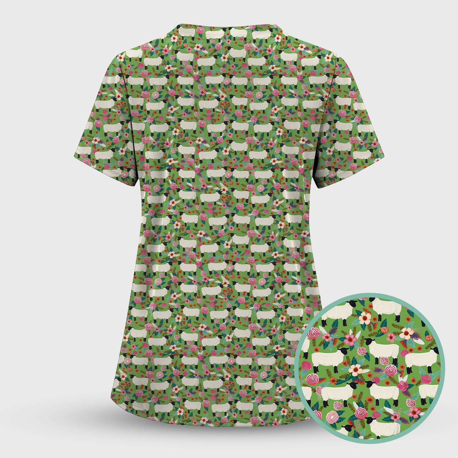 Cute Sheep Floral Meadow Pattern Scrub Set, Nurse Uniform Scrubs Set