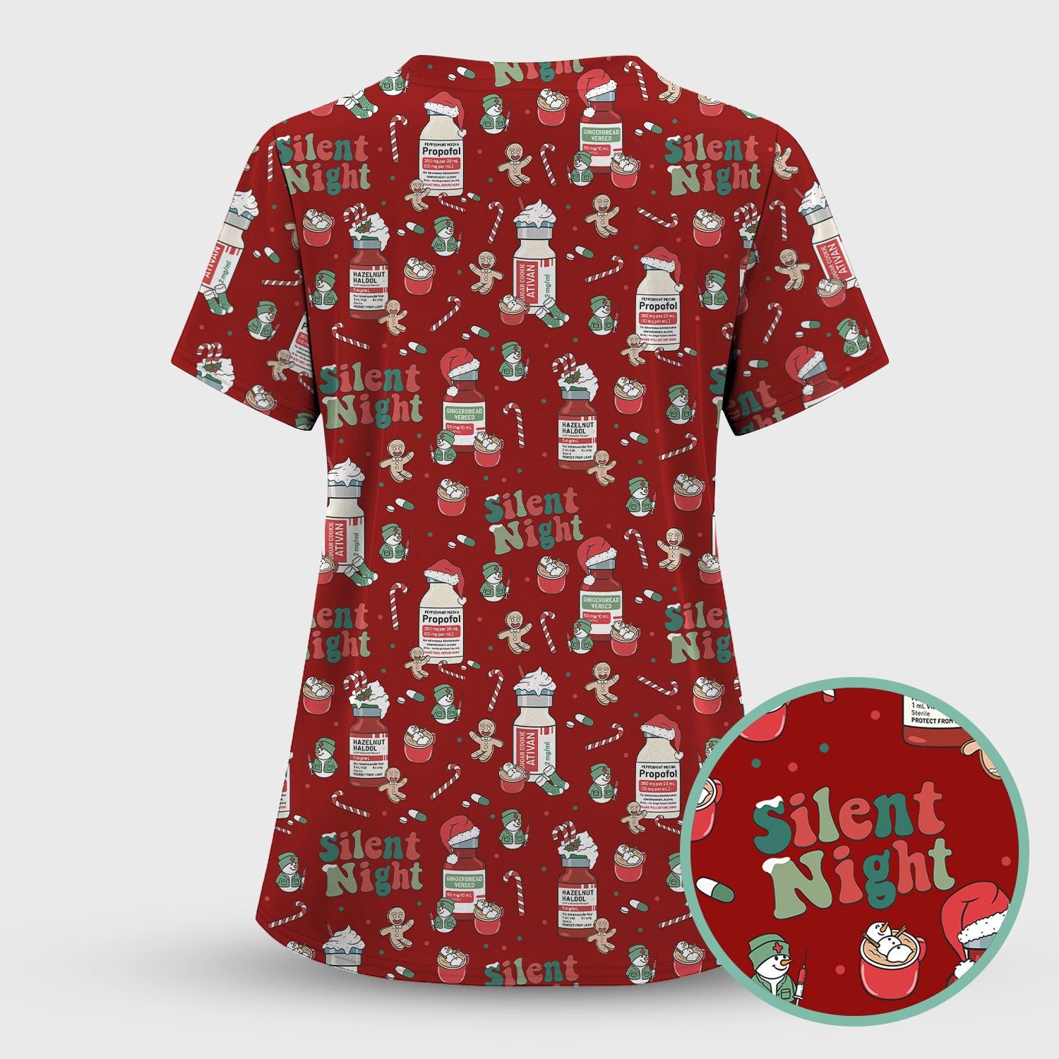 Funny Medicine Scrub Top for Nurses - Silent Night Propofol Print Christmas Scrub Tops with Candy Cane & Gingerbread - Holiday Medical Shirt Gift for RN CNA LPN
