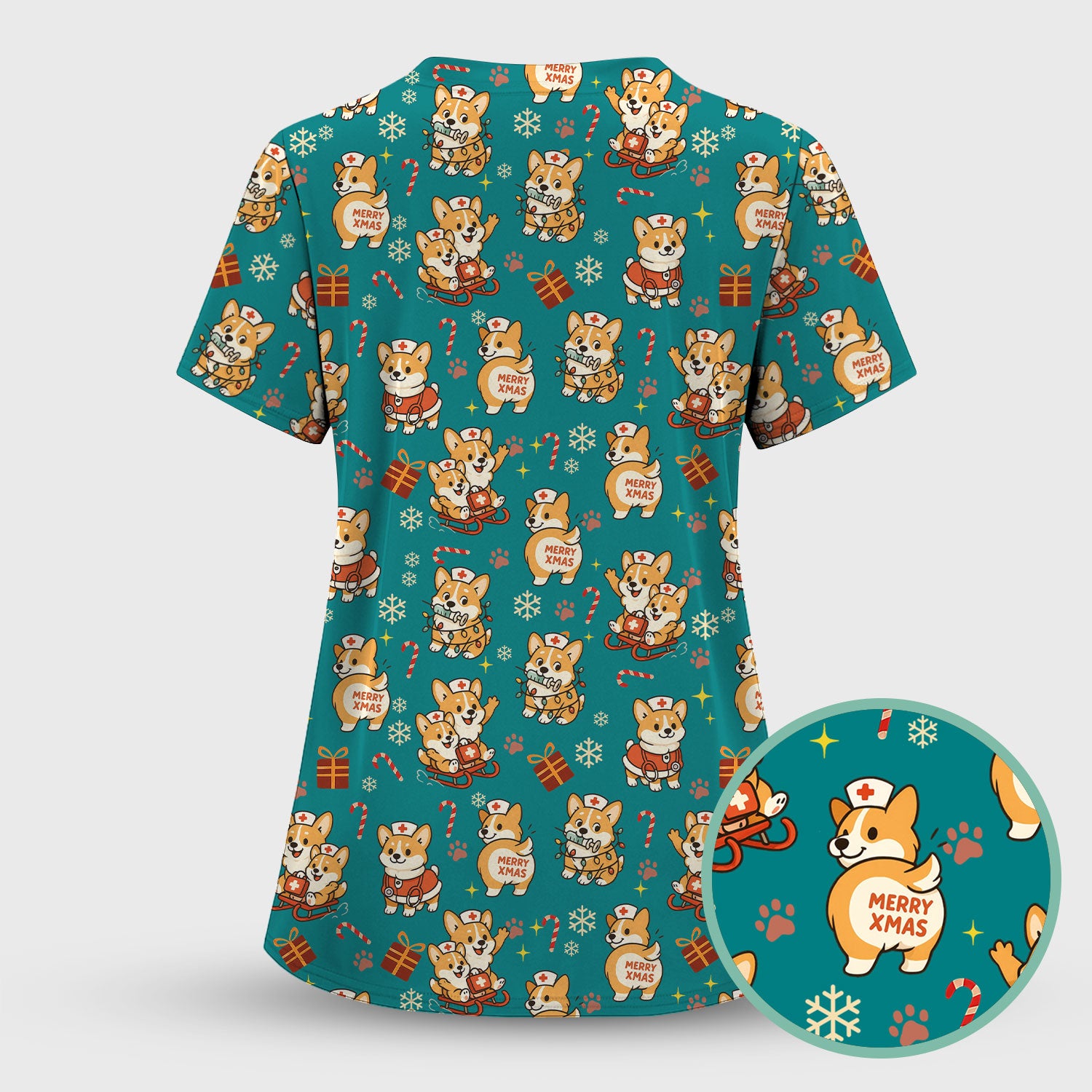 Christmas Corgi Scrubs Set for Women - Fun Corgi Christmas Pattern Nurse Scrubs Top and Pants - Festive Holiday Scrubs for CNA LPN RN