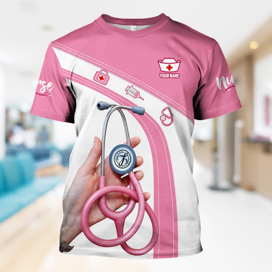 Personalized Nurse Shirt for Women - Pink Stethoscope Gift for RN CNA LPN - Custom Name Medical Uniform Tee