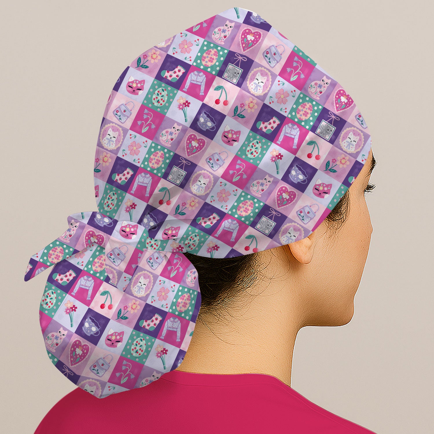 Pastel Cat Patchwork Pattern Scrub Cap, Surgical Caps for Doctors
