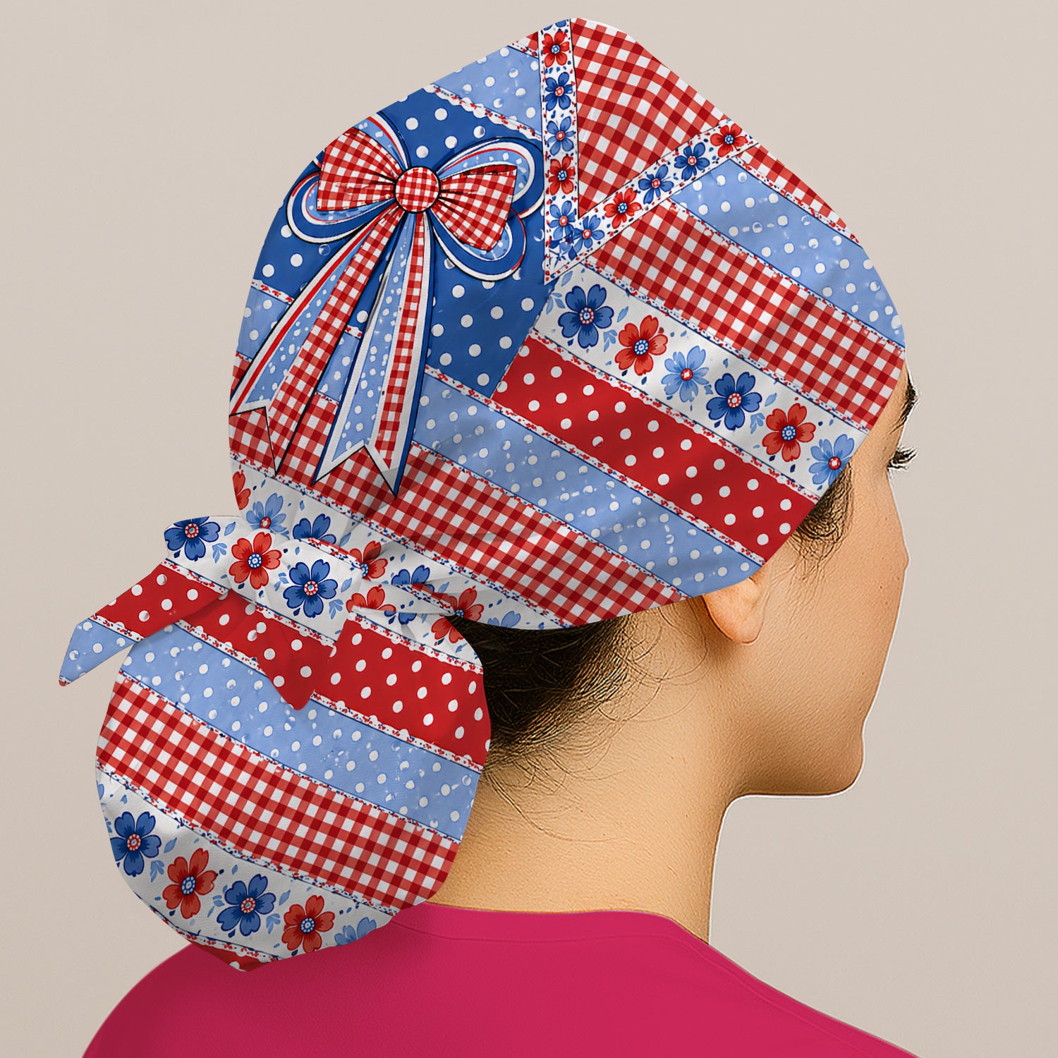Patriotic Gingham Bow Floral Pattern Scrub Cap, Surgical Caps for Doctors