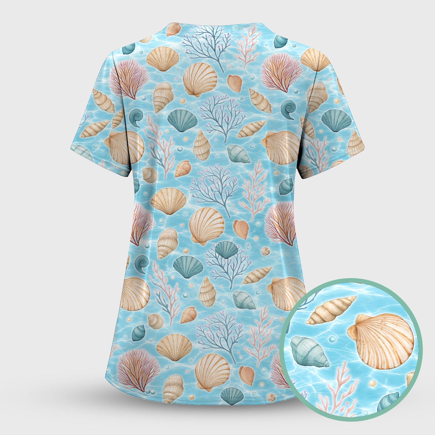 Cute Nurse Coastal Seashell And Coral Reef Scrub Set, Scrub Pants and V Neck Top
